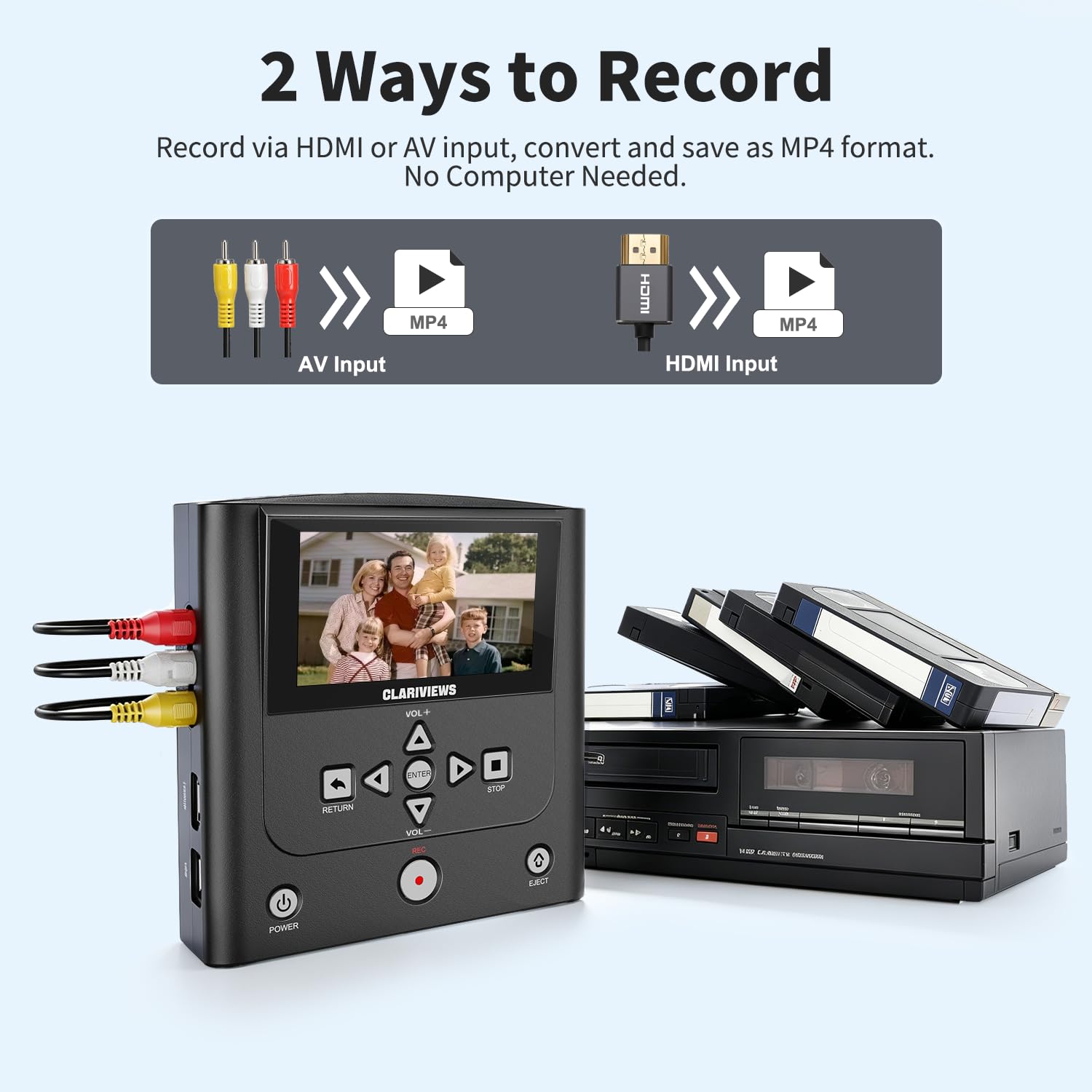 Registratore e convertitore da VHS a DVD con ingressi AV e HDMI, registra vecchi filmati domestici da videoregistratori, lettori VHS e videocamere Hi8 a DVD, unità USB, scheda SD o HDD esterno, nessun