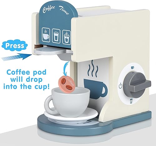 Vista 3 de Play Kitchen Accessories - Cafetera de madera para niños, cafetera de juguete, máquina de café espresso, juegos de cocina para niñas y niños