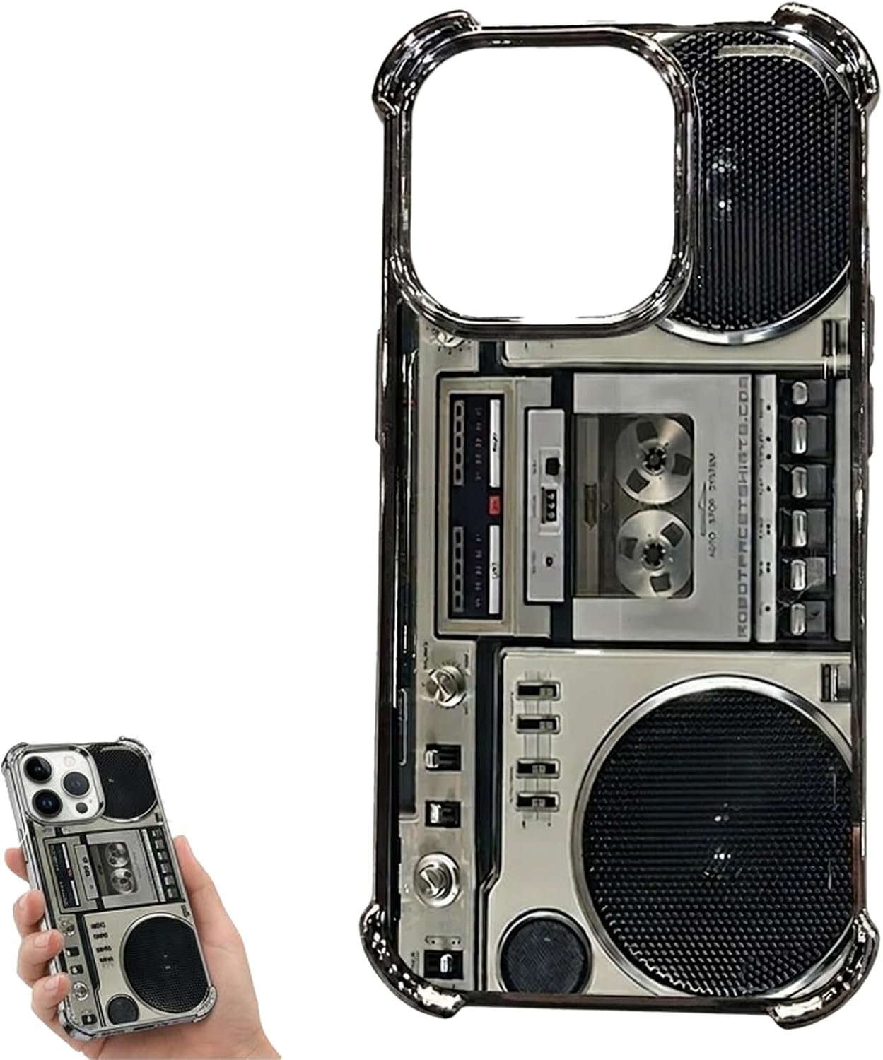 Retro Cassette Player Pattern Silicone Phone Case, Retro Boombox Phone Case, Music Classic Retro 80’s Type, Vintage Cassette Tape Design for iPhone 17/16/15/14/13 Pro Max (for iPhone 17) Black