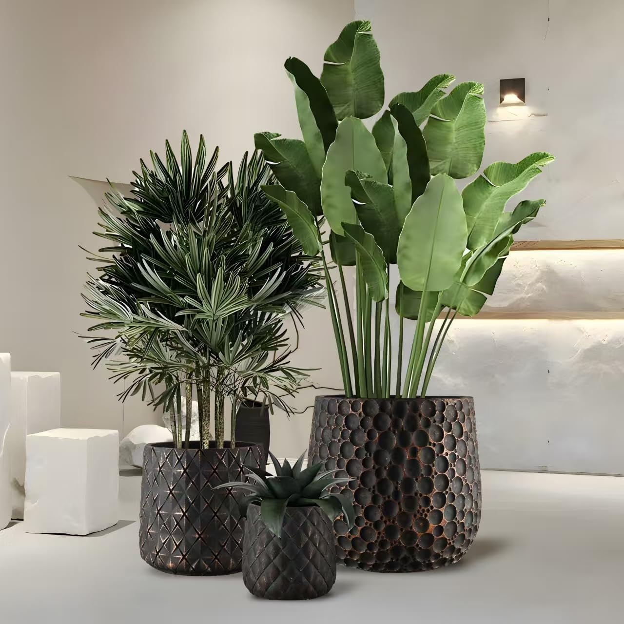 Concrete Plant Pots Set of 3, Planters & Container Accessories Planters Indoor Outdoor Flower Planter for Home, Garden, Office Décor 17“ 13” 9“ (3, Black)