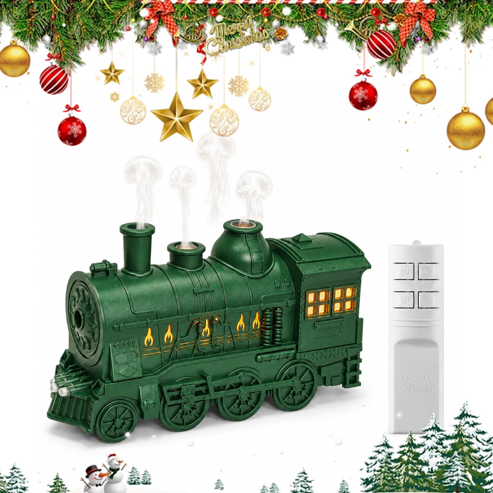 Diffusore Di Trenino Natalizio (Green) | Diffusore D'olio Essenziale Vintage Per Treni A Vapore, Umidificatore Aromaterapico 300 Ml Con USB Per Camera Da Letto