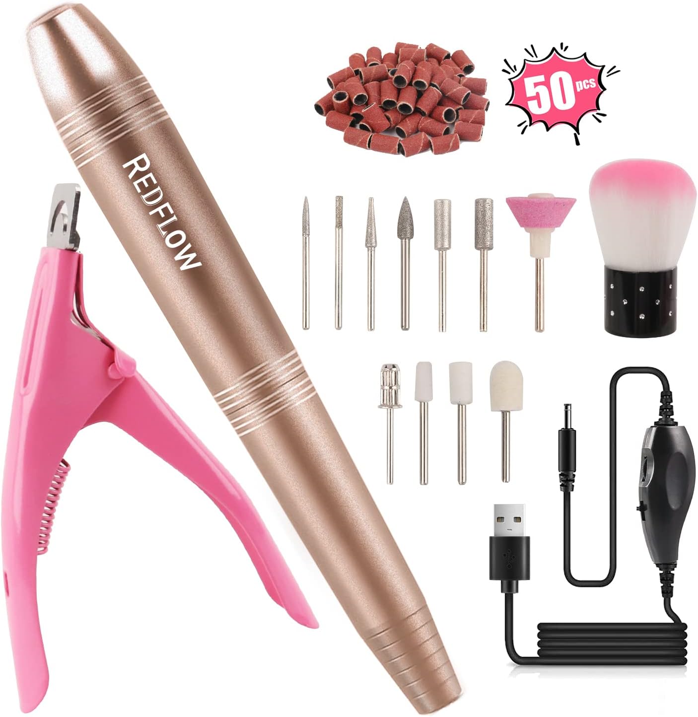 RedFlow Electric Nail Drill, Acrylic Nail Drill Kit, for Nail File Exfoliating Abrasive Nail Drill Machine, With 11 Pcs Nail Drill Bits, Brush,Nail Cutter and 50 Sanding Bands Nail Drill Set (A-GOLD)