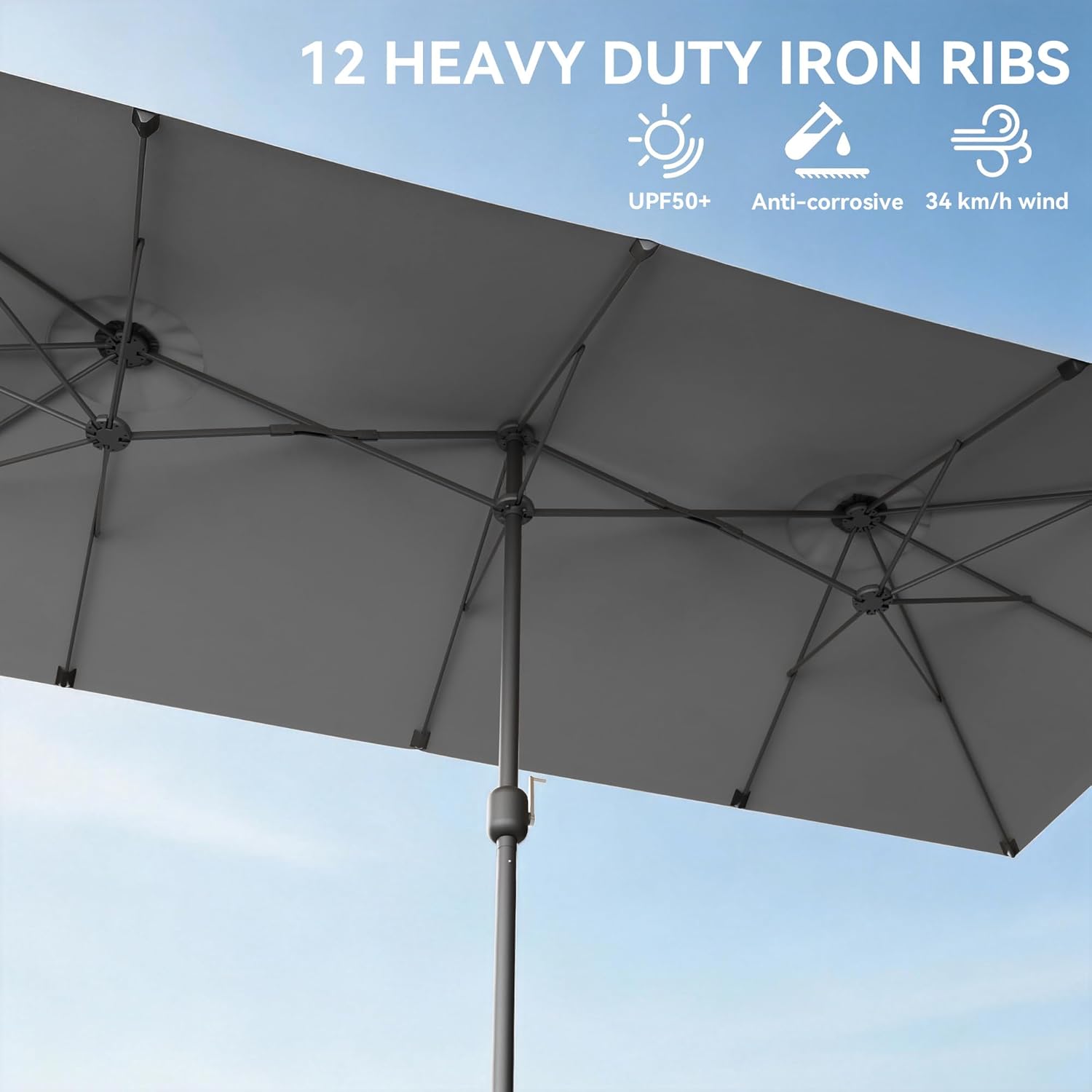 13.6FT Outdoor Patio Umbrella,Large Umbrella with 12 Heavy iron rib,sun umbrella with Crank Handle,Parasol for Poolside,Beach,Backyard,Garden,Grey