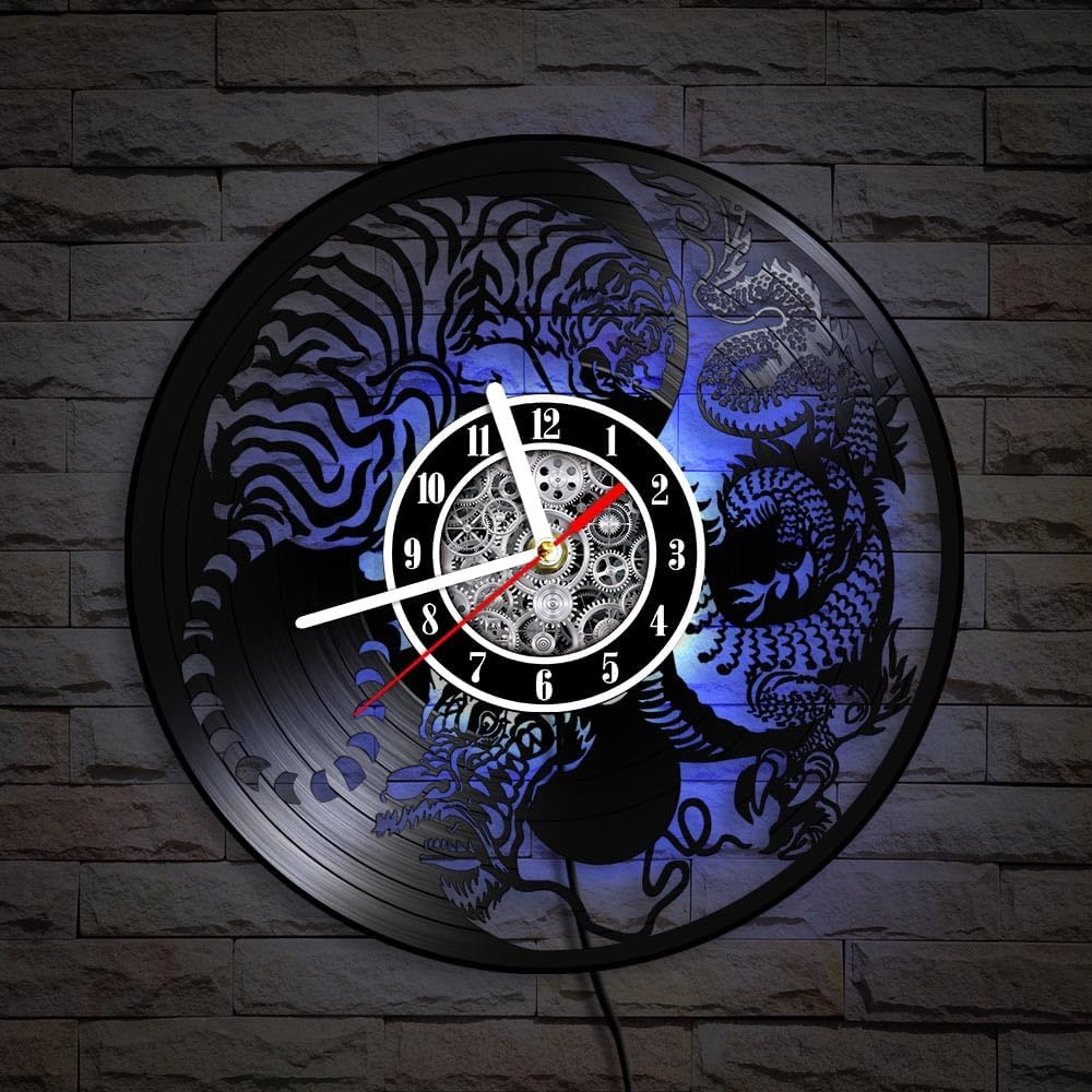 The Geeky Days Dragon and Tiger Tattoo Vinyl Record Wall Clock with LED Light Animal Yin Yang Chinese Asia Symbol of Balance Vintage Disk Crafts Home Decor Luminous Night Light Wall Clock Glow in Dark