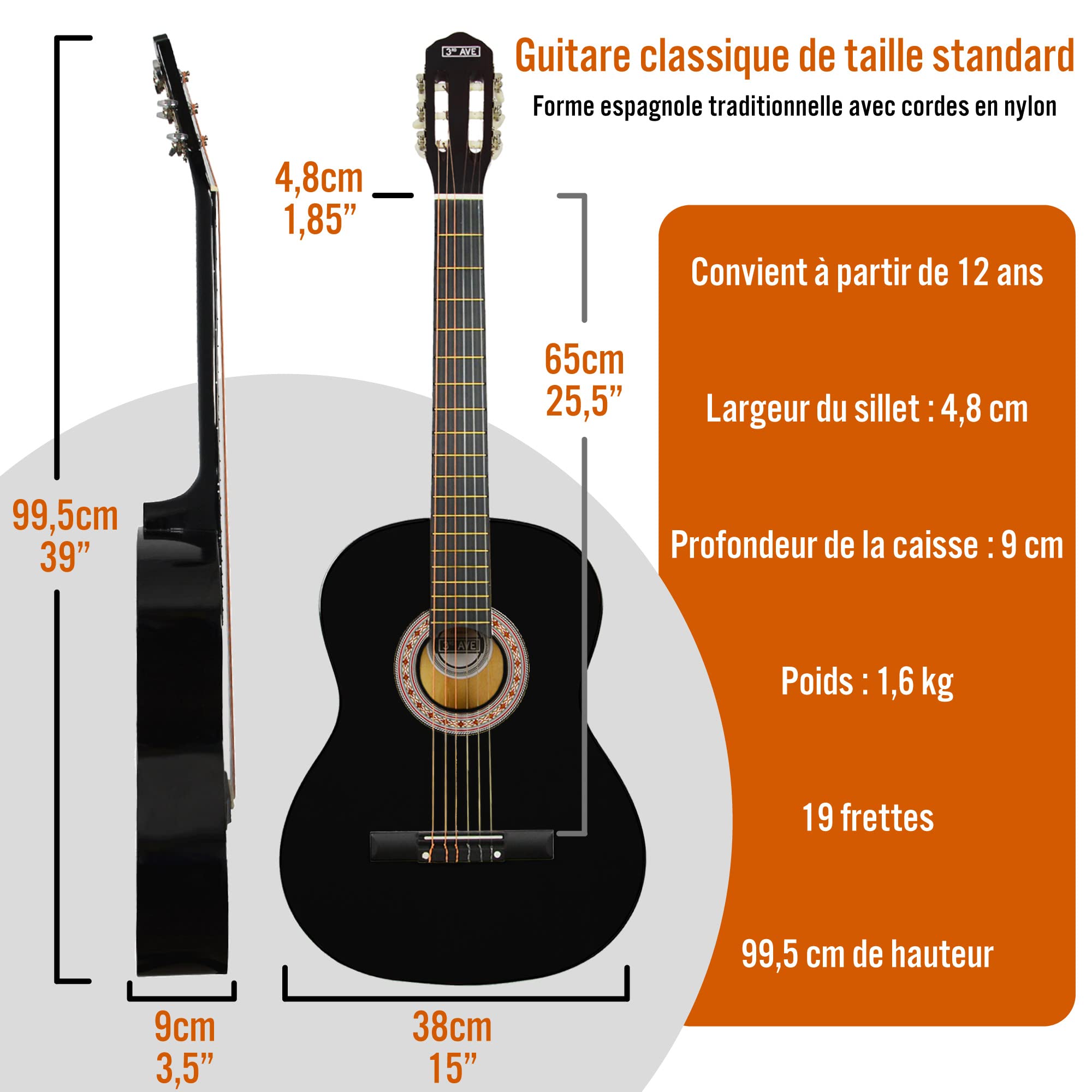 3rd Avenue Guitare Classique 4/4 Pleine Grandeur Avec Cordes En Nylon Espagnol Pour Débutant - 6 Mois De Cours Gratuits, Sac, Cordes - Noir