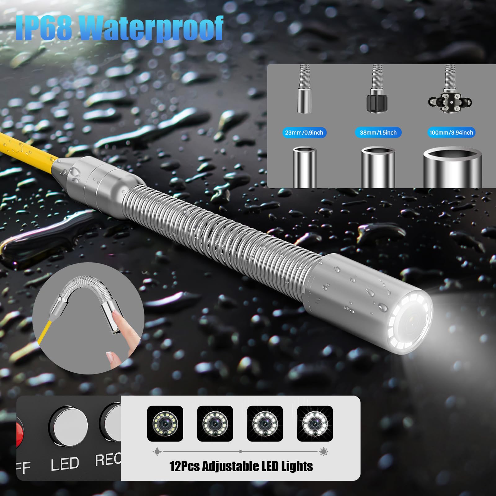 Cámara Inspección Tuberias 20M, Cámara Endoscópica con DVR, Pantalla en IPS de 7" IP68 Impermeable Tubería Endoscopio Industrial con 12 Luces LED, Tarjeta SD 32GB