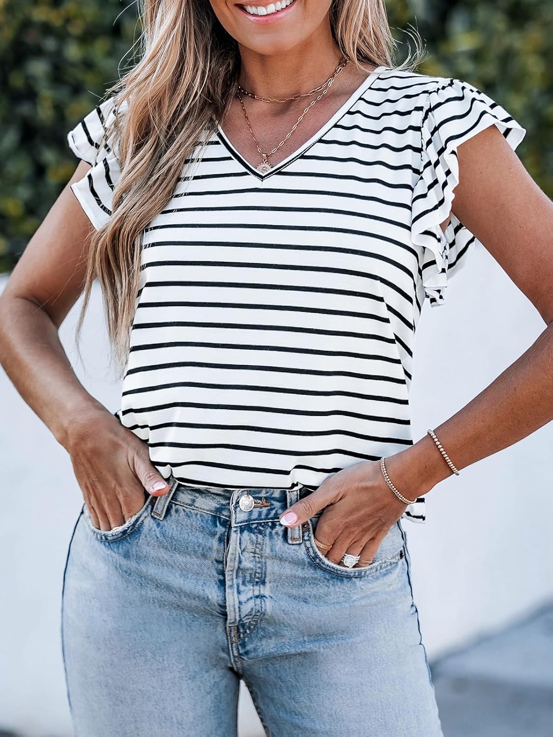 CUPSHE Womens Summer Striped Blouse Knit V Neck Cap Ruffle Short Sleeves Dressy Work Tops Shirt - Image 6