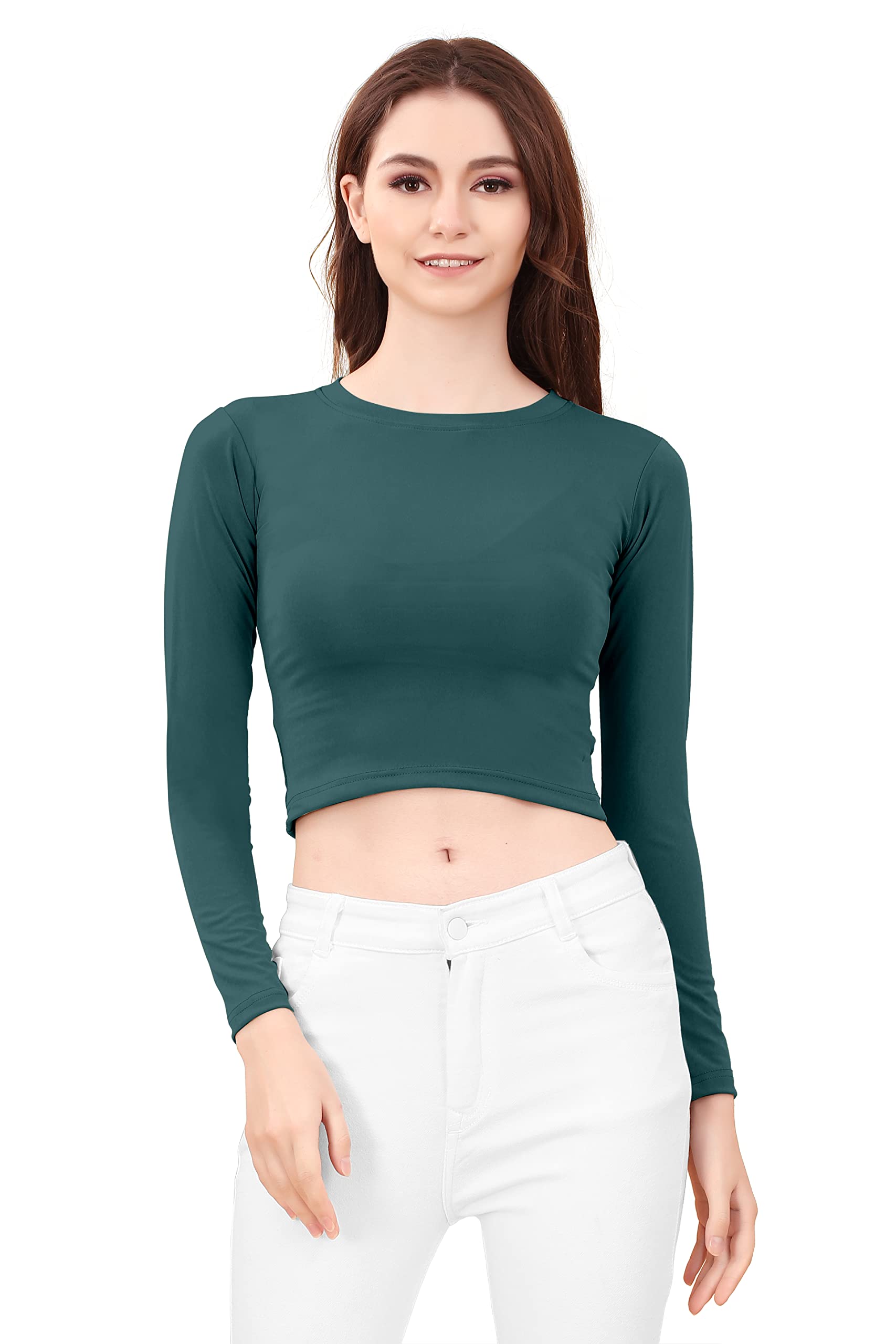 Women's Casual Slim Fitted Basic Long Sleeve Solid Crop Tee Top (Large, Dark Green)