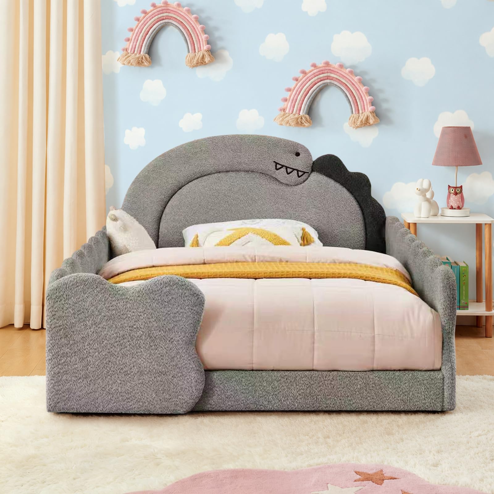 Full Size Kids Bed with Dinosaur Headboard, Upholstered Boucle Fabric Twin Daybed with Slats Support &amp; Side Pocket, Space-Saving Wooden Corner Sofa Couch Day Bed Frame for Girl, Boy, Teenager(Grey)