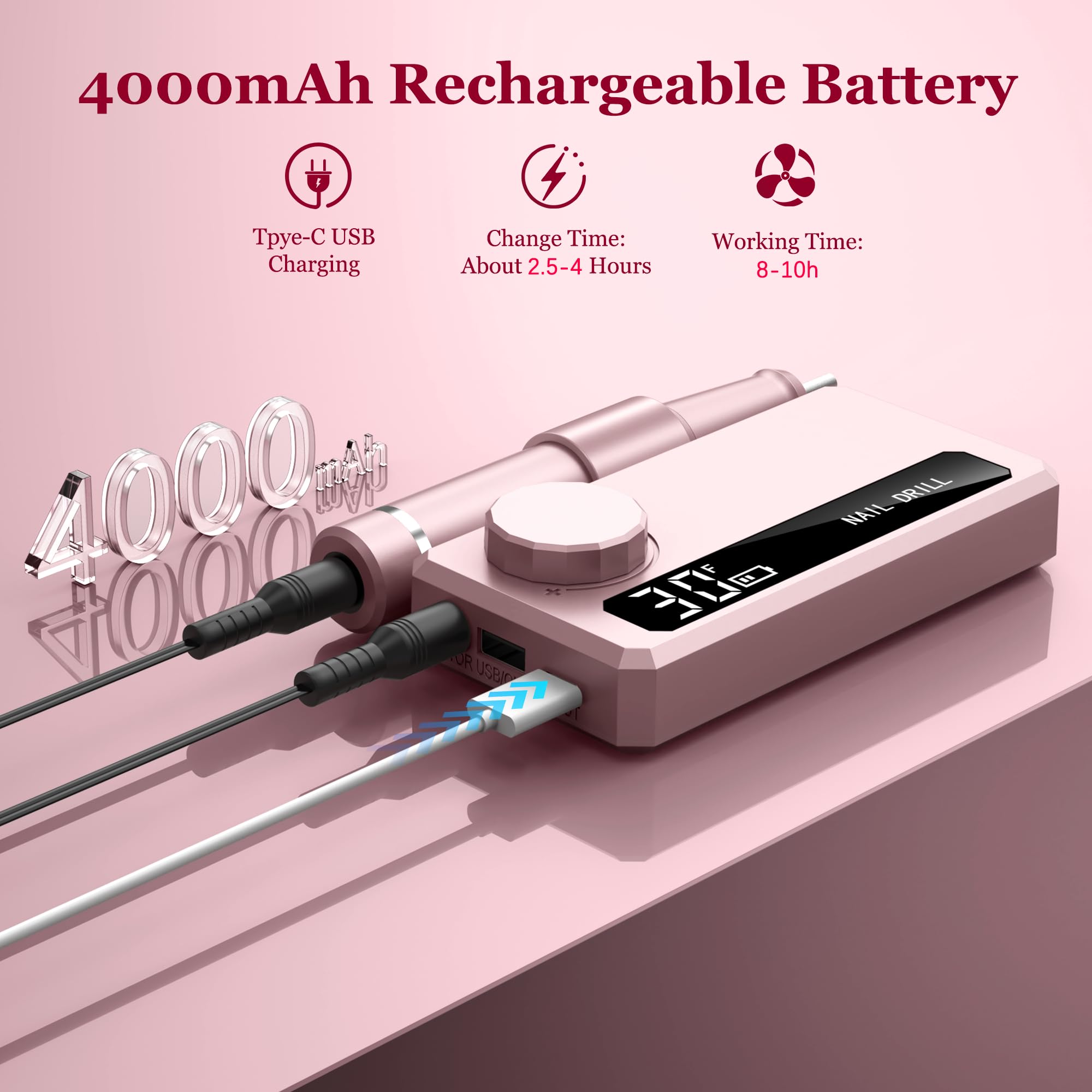Fresa elettrica per unghie, professionale, per unghie in gel e acrilico, 45000 giri/min, senza fili, ricaricabile, kit per pedicure e manicure, per piedi e mani