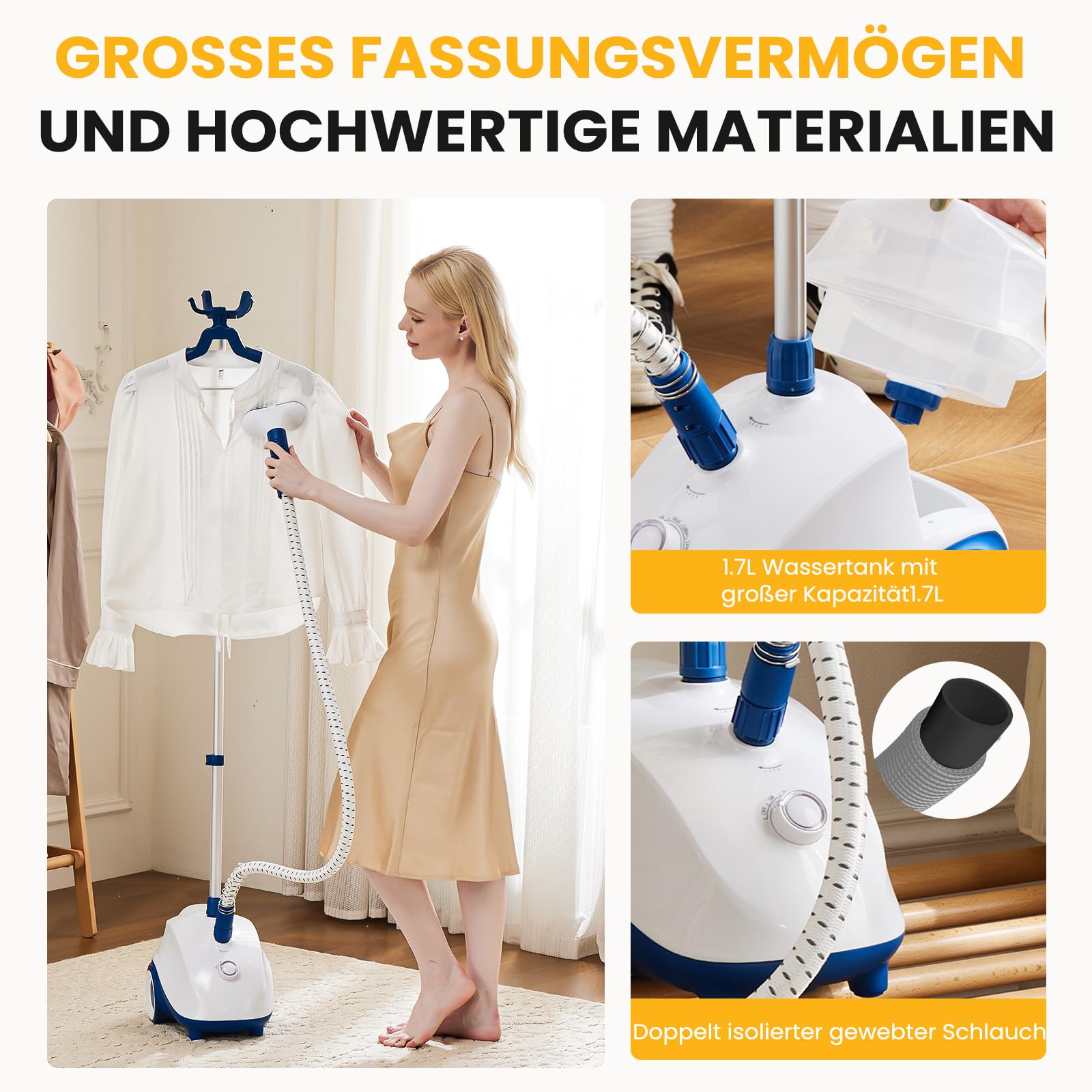 Sweetcrispy Kleiderdampfer 1500 W, leistungsstarker Steamer, vertikaler Dampfbügler mit Rollen, 1,7 L Wassertank (bis zu 55 Min.), professioneller Faltenentferner, Aufheizzeit 45 Sek