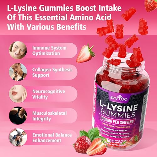 Miniatura 3 de Paquete de 2 gomitas de L-lisina de 1000 mg para apoyo inmunológico y salud de la piel, gomitas veganas de alta potencia, sin azúcar, sabor a bayas