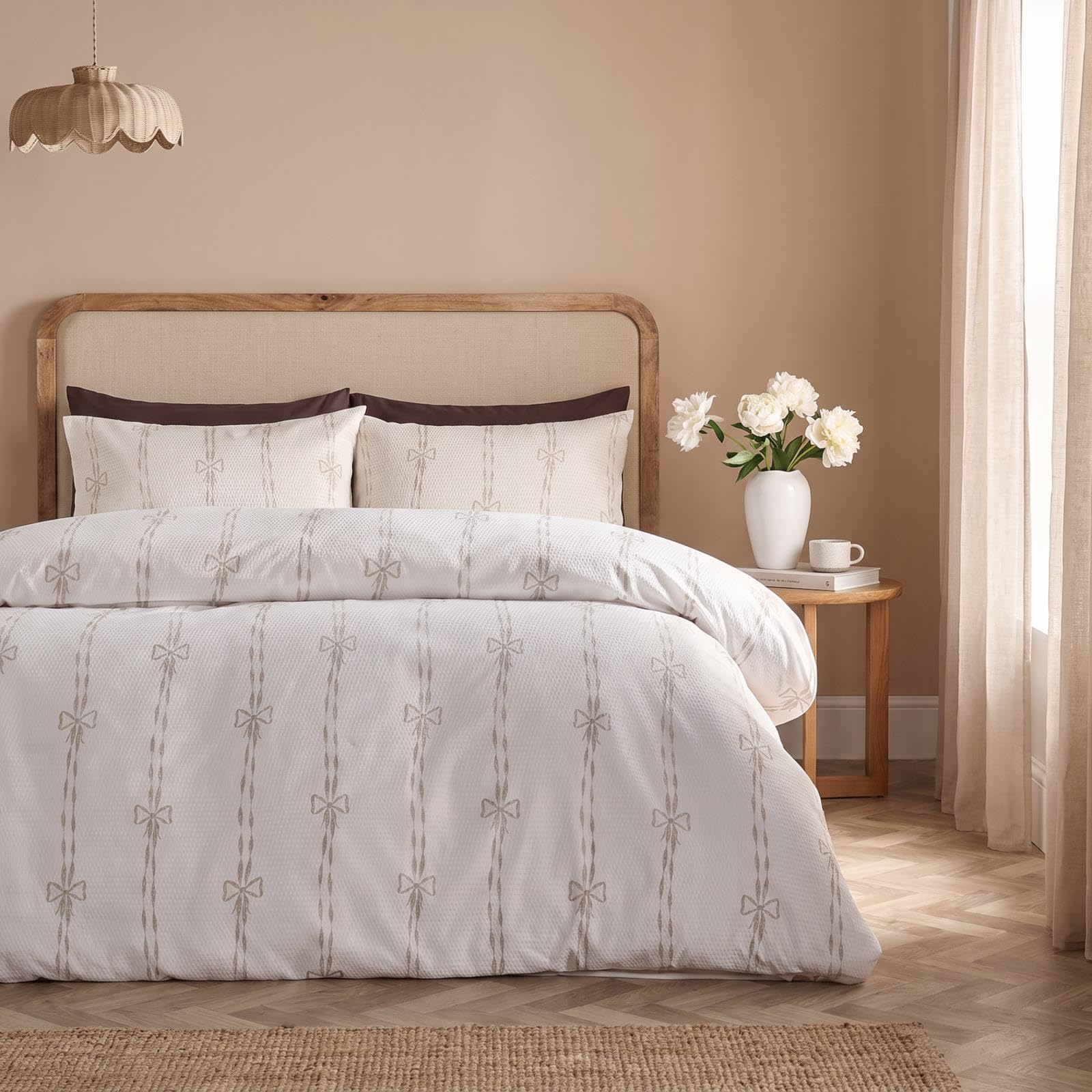 OHS Watercolour Embossed Bow Bedding Double Duvet Set Quilt Cover, Stone