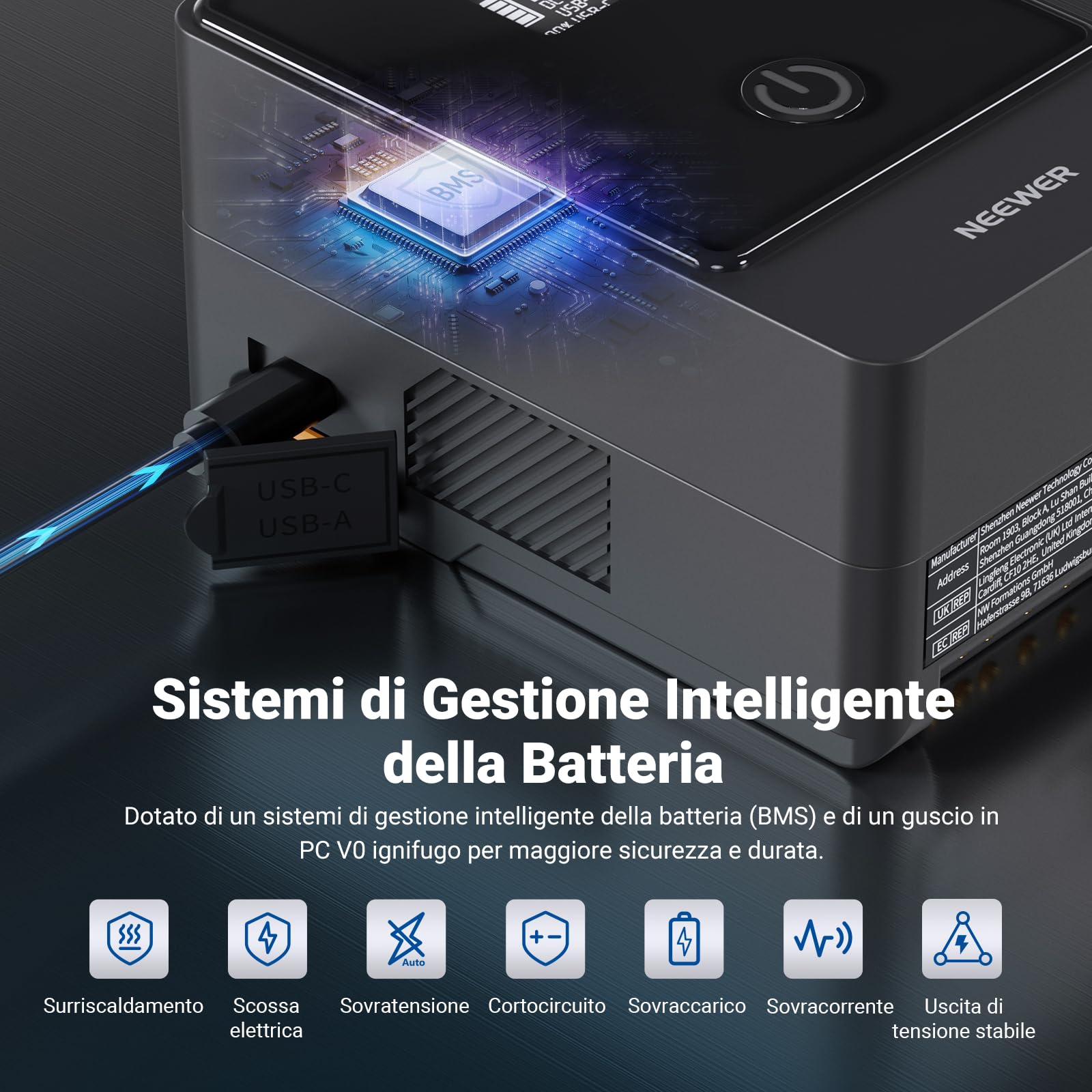 NEEWER Mini Batteria V Mount 6800mAh 99Wh 14,5V, Batteria Mini V Lock con 65W PD Tipo C/D Tap/BP/USB A/Doppia Porta DC/Display OLED per Videocamera Compatibile con SmallRig BMPCC 4k 6k, PS099E