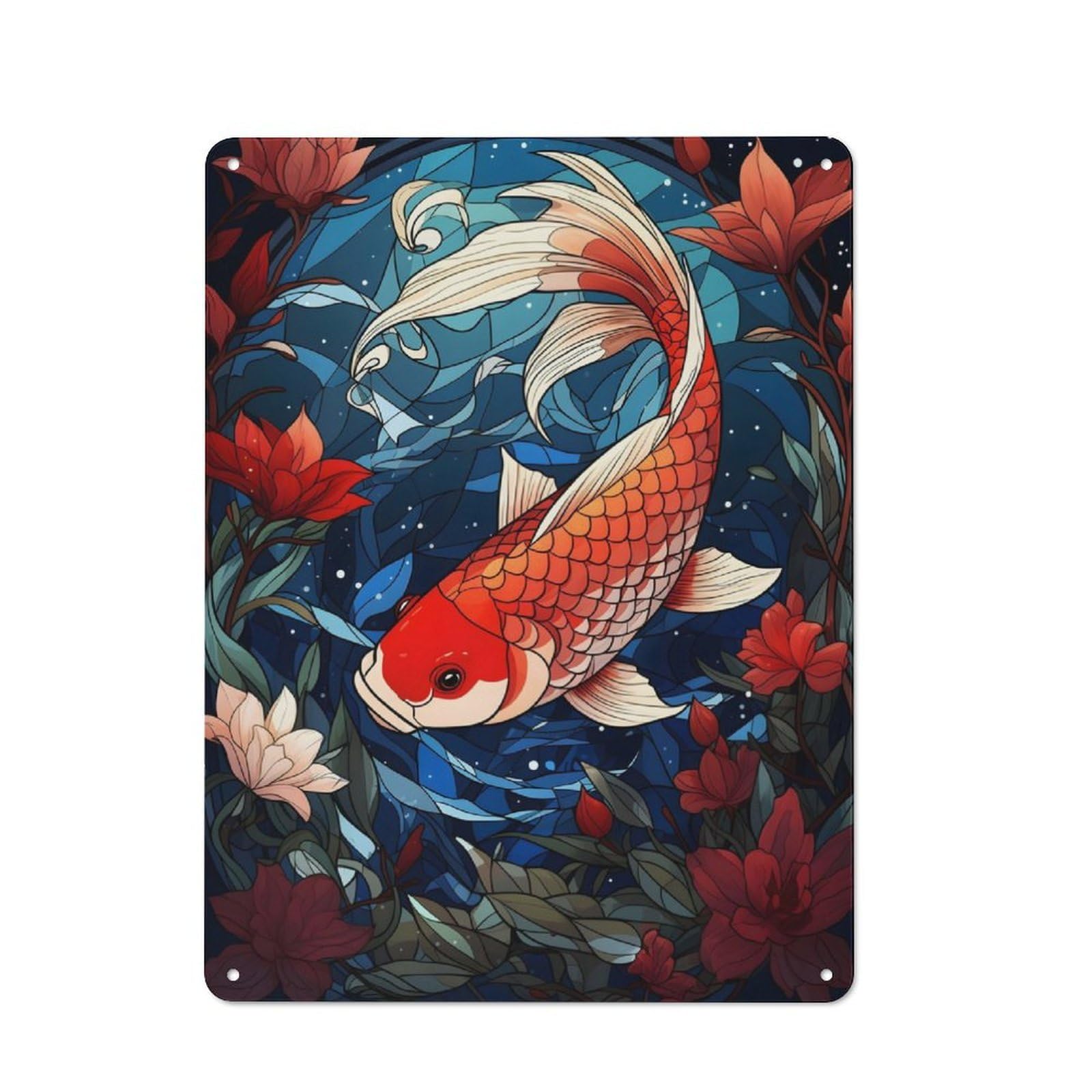 Junmoney Koi Fish Stained Glass Rustic Tin Wall Plaque 40X30cm For Garage Or Workshop, For Garage Decor Fans, For Retro Home Interiors