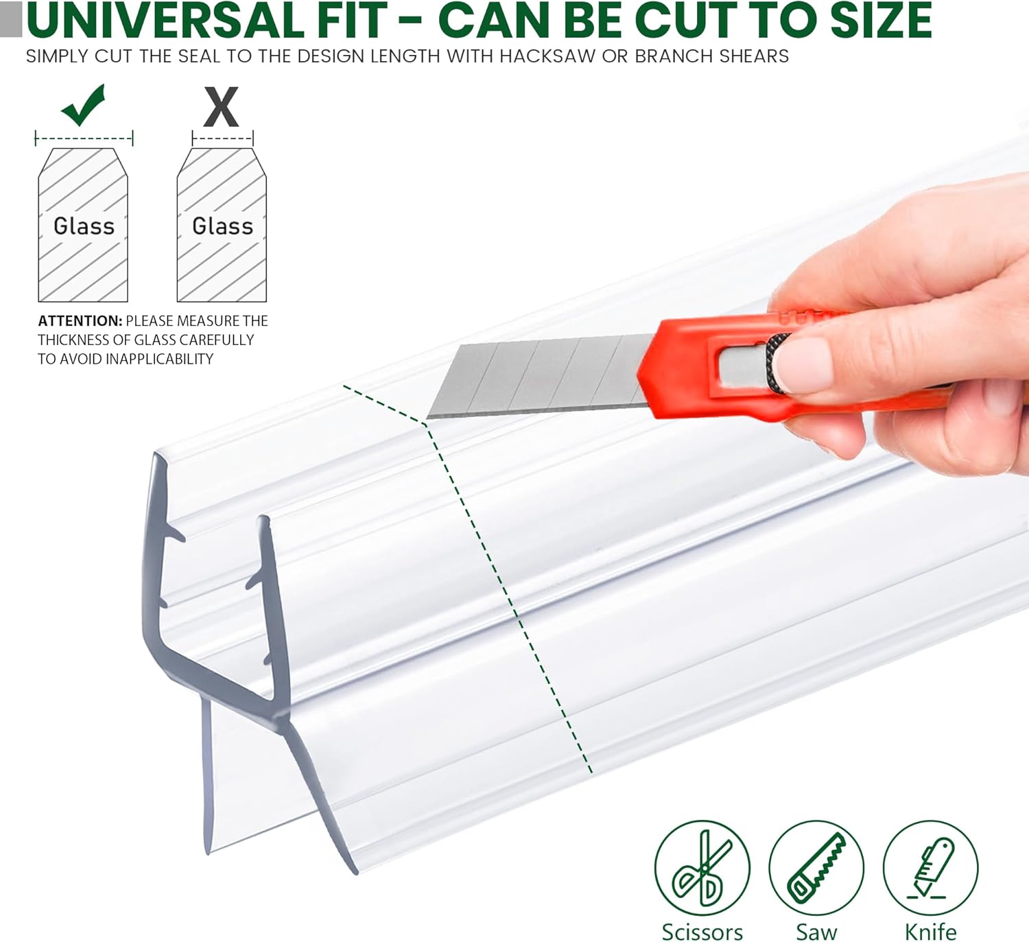 Shower Glass Door Bottom Seal, 2PCS 36 Inch Ultra Clear PVC Seal Strip with Sweep for 3/8"(10mm) Thick Frameless Glass Door, to Stop Water Leakage