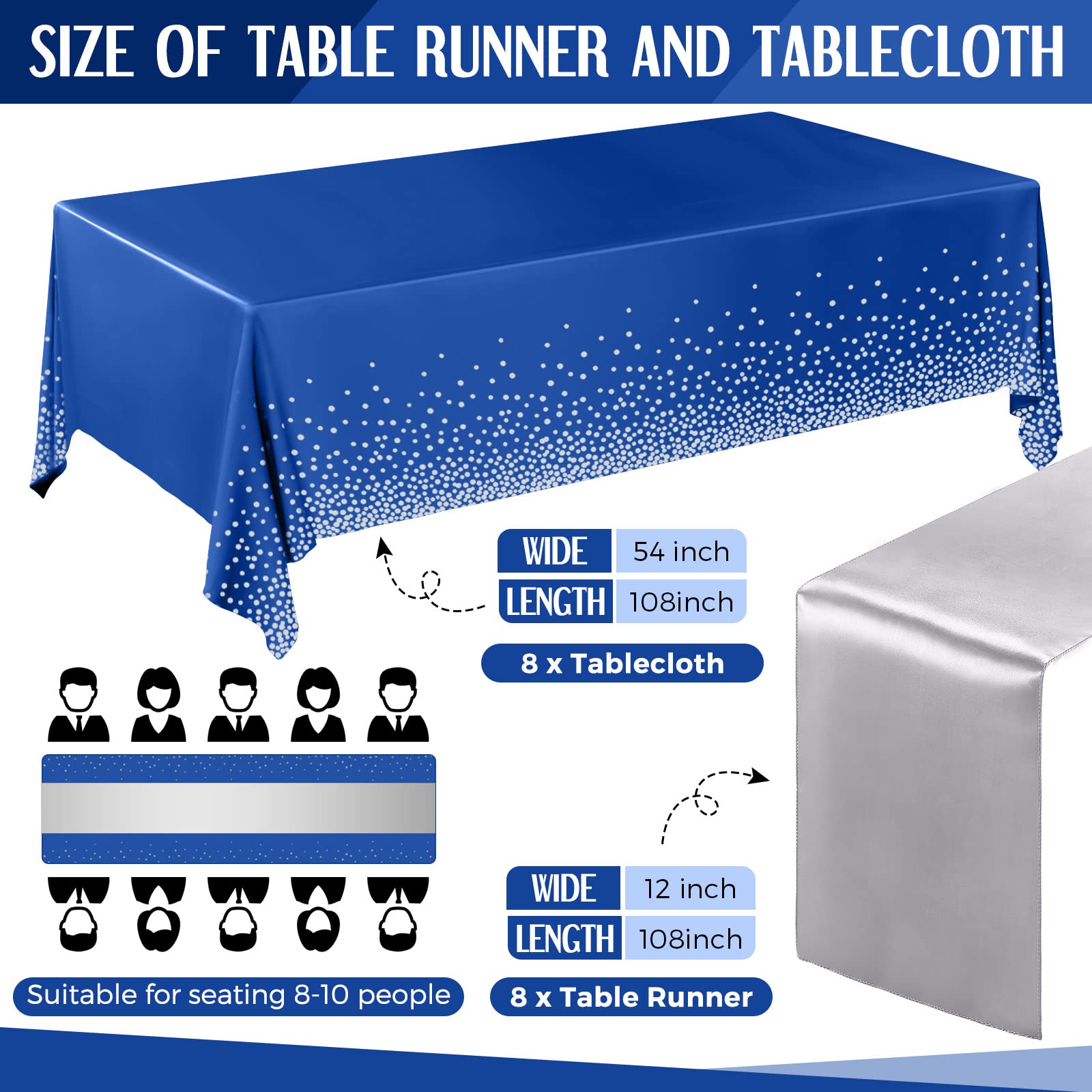 Tudomro 16 manteles desechables de plástico rectangular de 54 x 108 pulgadas con camino de mesa de satén de 12 x 108 pulgadas para decoración de bodas, fiestas de cumpleaños (plateado y azul oscuro)