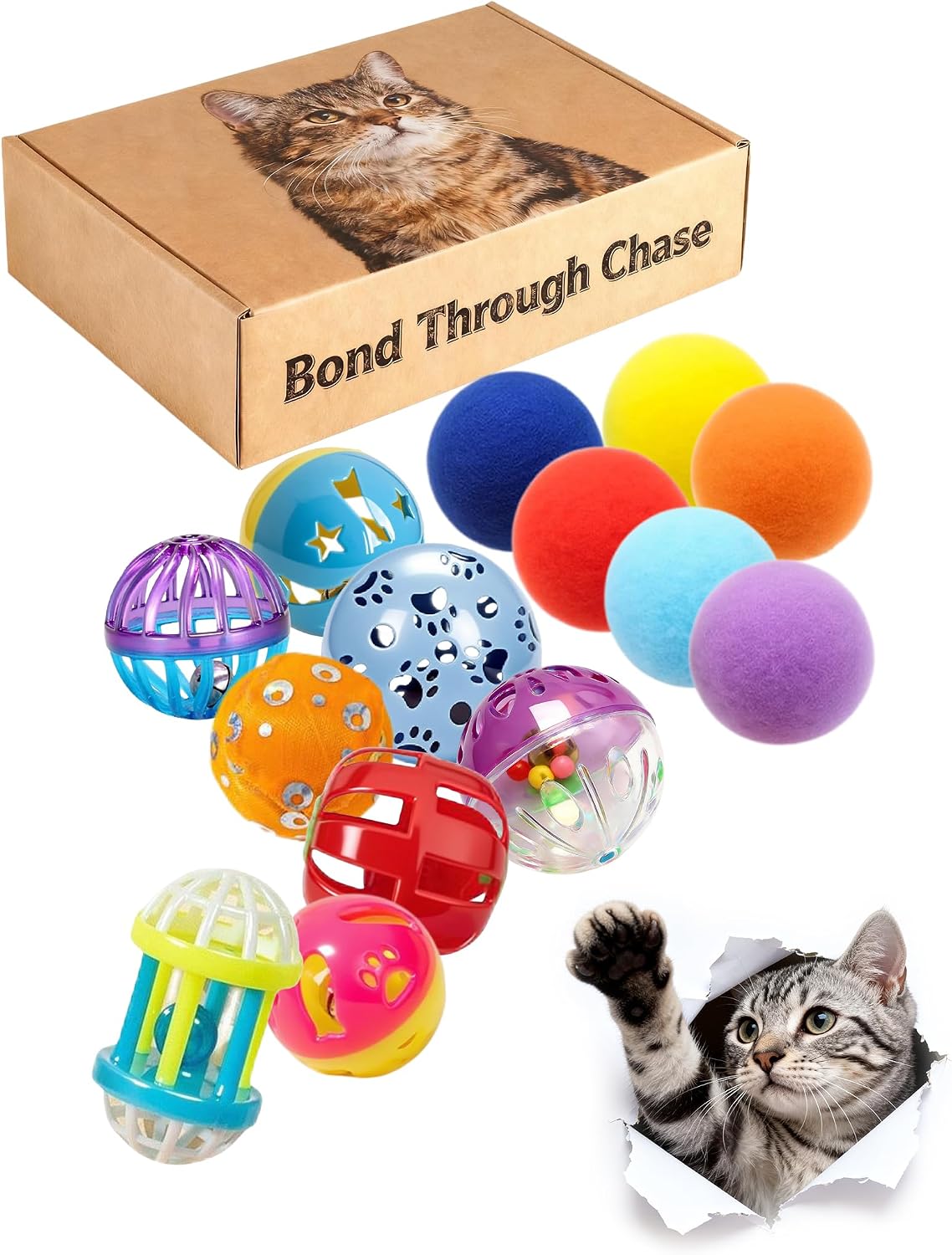 14 Pack BPA-Free Cat Toy Balls, Jingle Bell and Plush, Kitten and Cat