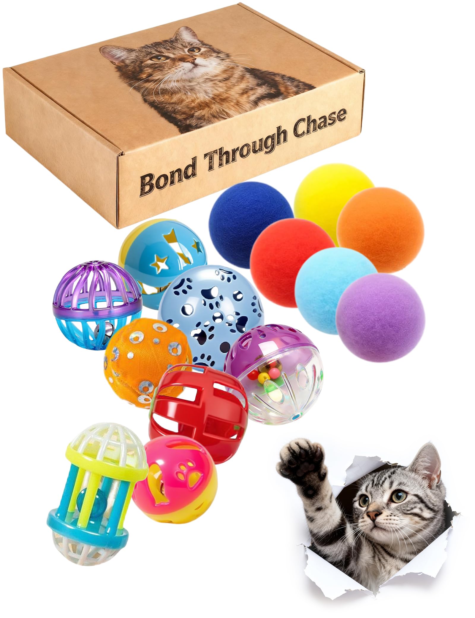 Paquete de juguetes para gatos con 15 juguetes surtidos, incluyendo bolas suaves y peludas, ratones de plumas y bolas de plástico resistentes, totalmente seguros y duraderos, diseñados para
