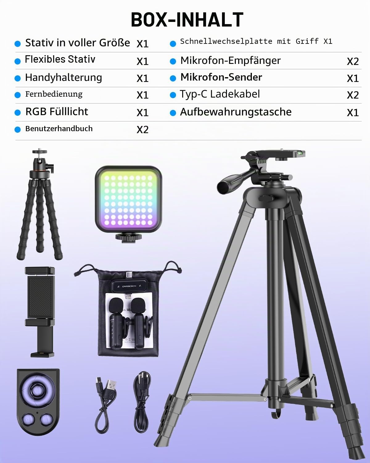 Vlogging Kit für iPhone/Android, YouTube Starter Kit mit kabellosem Mikrofon/Kamerastativ/Flexibles Stativ/RGB-Fülllicht, Content Creator Essentials Kits für TikTok Vlog Videoaufnahme