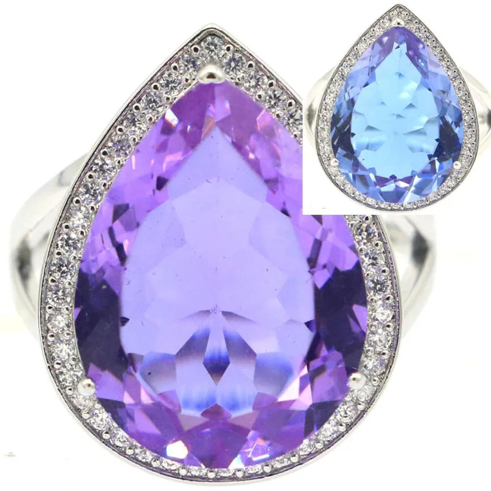 Anello Anelli Gioielli Donna Uomo Accattivanti Anelli di Fidanzamento in Argento con Zirconi Bianchi E Topazio Alessandrite Che Cambiano Colore, 20 X 15 Mm, 7 Zultanite