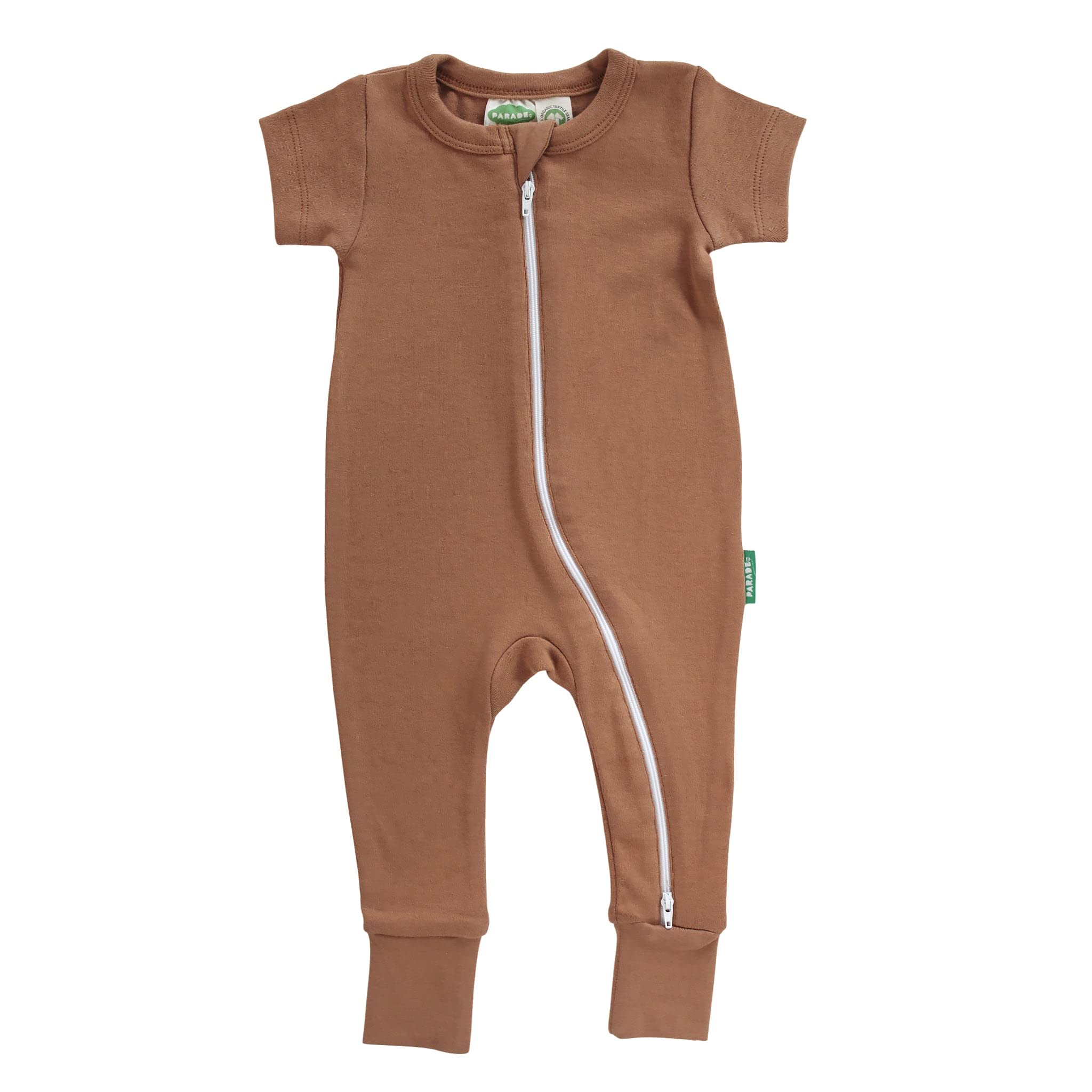 PARADEunisex-baby, Organic, One Piece Outfit, Essential Basics '2-Way' Zip Romper - Short Sleeve, Caramel, 6-12 Months