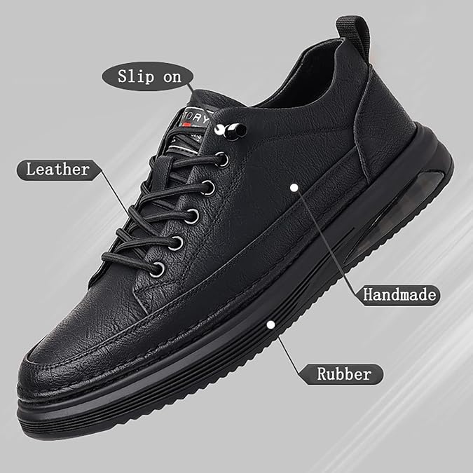 Men's Leather Fashion Sneakers Simple Handmade Vintage Low Top Round-Toe Elastic Lace Up Slip on Casual Shoes Comfortable Non Slip Classic Tennis Shoes