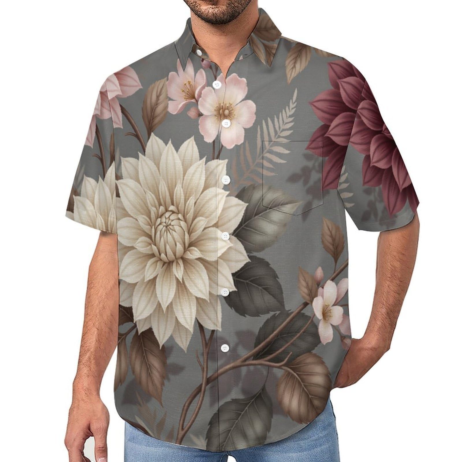 Camicie da Uomo a Maniche Corte con Stampa della Illustrazione di Fiori Eleganti Arte Floreale, Casual Leggere Bottoni Camicia con Tasca Frontale, per Vacanze Spiaggia Estate