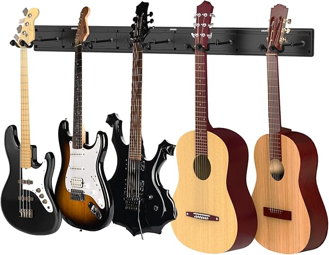 Guitar Hanger for Multi Guitars,LEKATO 5 Metal Wall Mount Guitar Stand Holder with 5 Adjustable Guitar Hooker for Guitars Bass, Banjo, Mandolin,Guitar Wall Mount Hanger for String Instruments