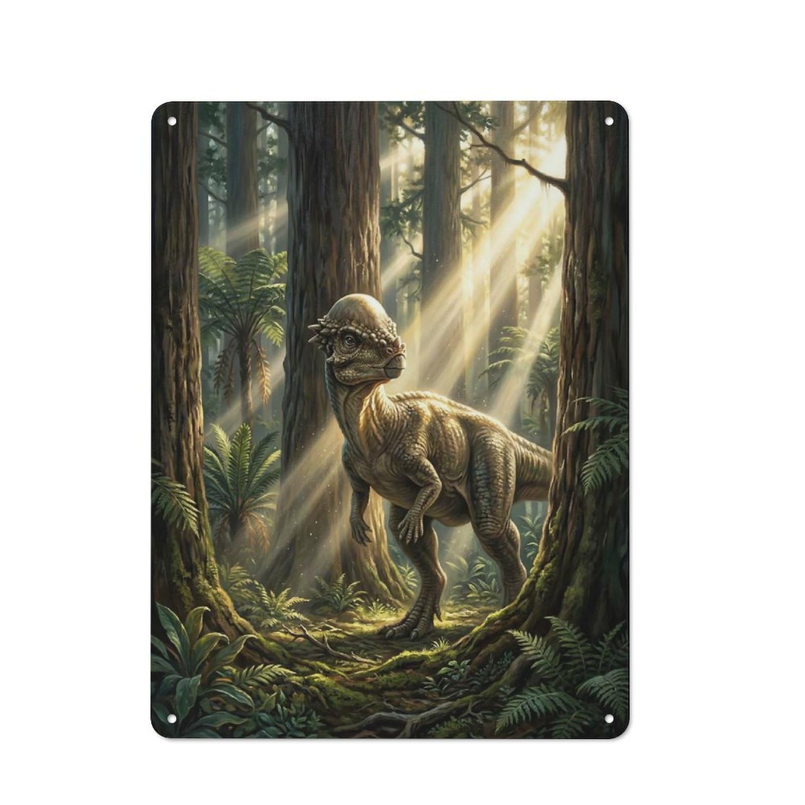 Pachycephalosaurus in A Sunlit Forest Rustic Metal Wall Decor 40x30cm, Decorative Metal Plaque for Shed, Garden Room, Porch Or Garage