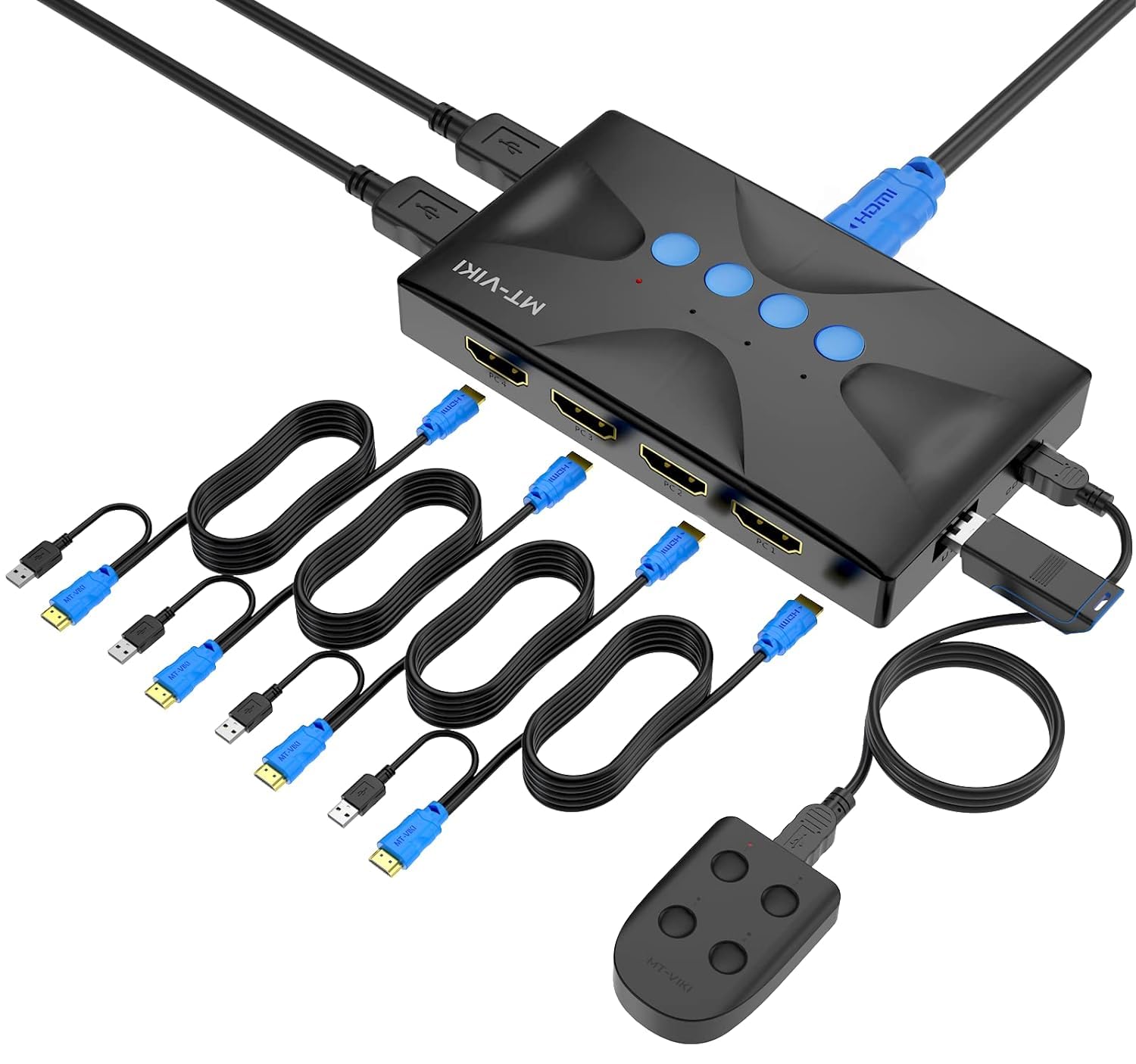 KVM Switch HDMI 4 port Boxes, MT-VIKI 4K@30hz USB KVM HDMI Console for 4 Computers share Keyboard Mouse and HD Monitor with 4 pack 2in1 KVM Cables + Desktop Selector