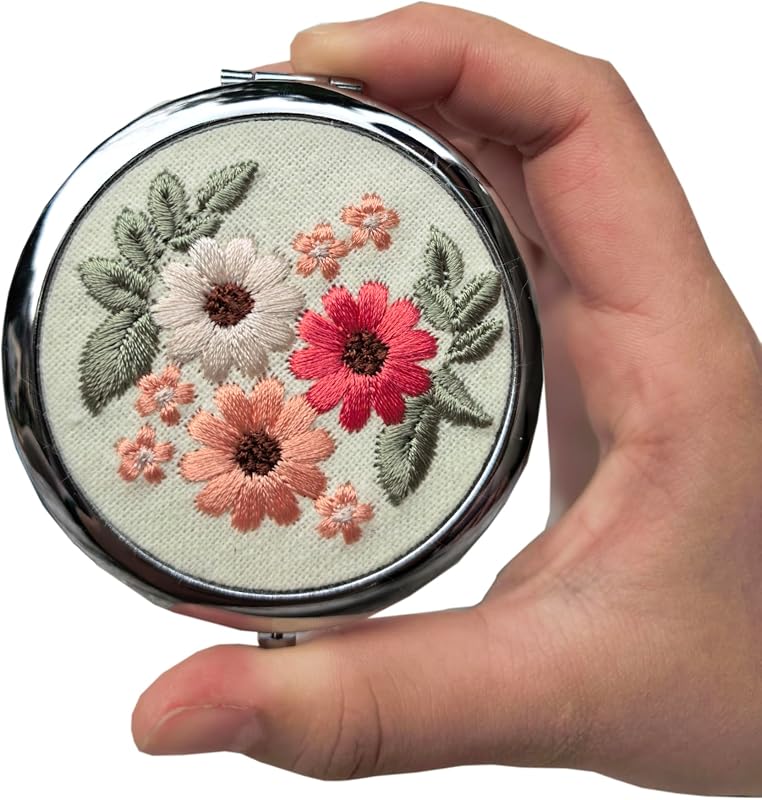 Espelho de bolso bordado Leimandy com duas faces, ampliação 1x e 2x, Daisy Flower