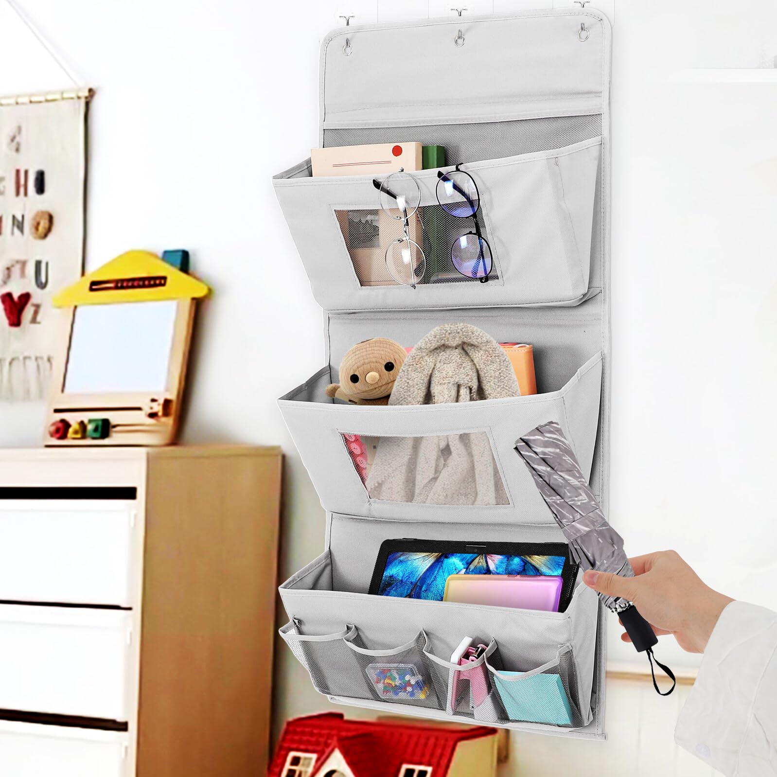 Organizer Appendibile da Porta in Tessuto Grigio Strati Portaoggetti con Tasche Multiple Resistente e Lavabile per Camera Soggiorno e Dormitorio