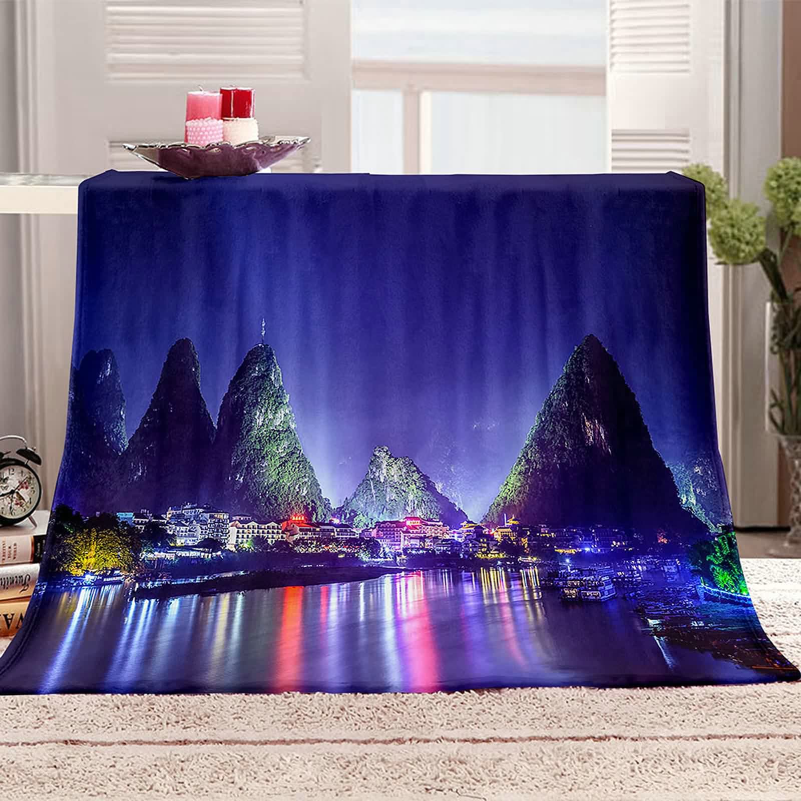 Aeici Couverture Polaire, Couverture Laine Flanelle Couverture 160x200 cm Montagne Paysage Nocturne Couverture Canapé pour Salon Lit