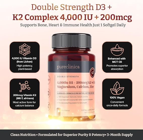 Double Strength D3 + K2 Complex x 180 Vegan Softgels (2 Bottles of 90) – 4000 IU D3 + 200mcg K2 with Magnesium, Calcium & Zinc – 6 Months Supply