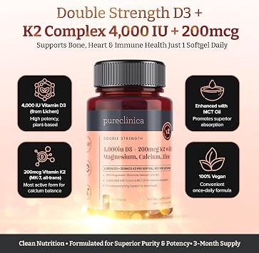 Double Strength D3 + K2 Complex x 180 Vegan Softgels (2 Bottles of 90) – 4000 IU D3 + 200mcg K2 with Magnesium, Calcium & Zinc – 6 Months Supply
