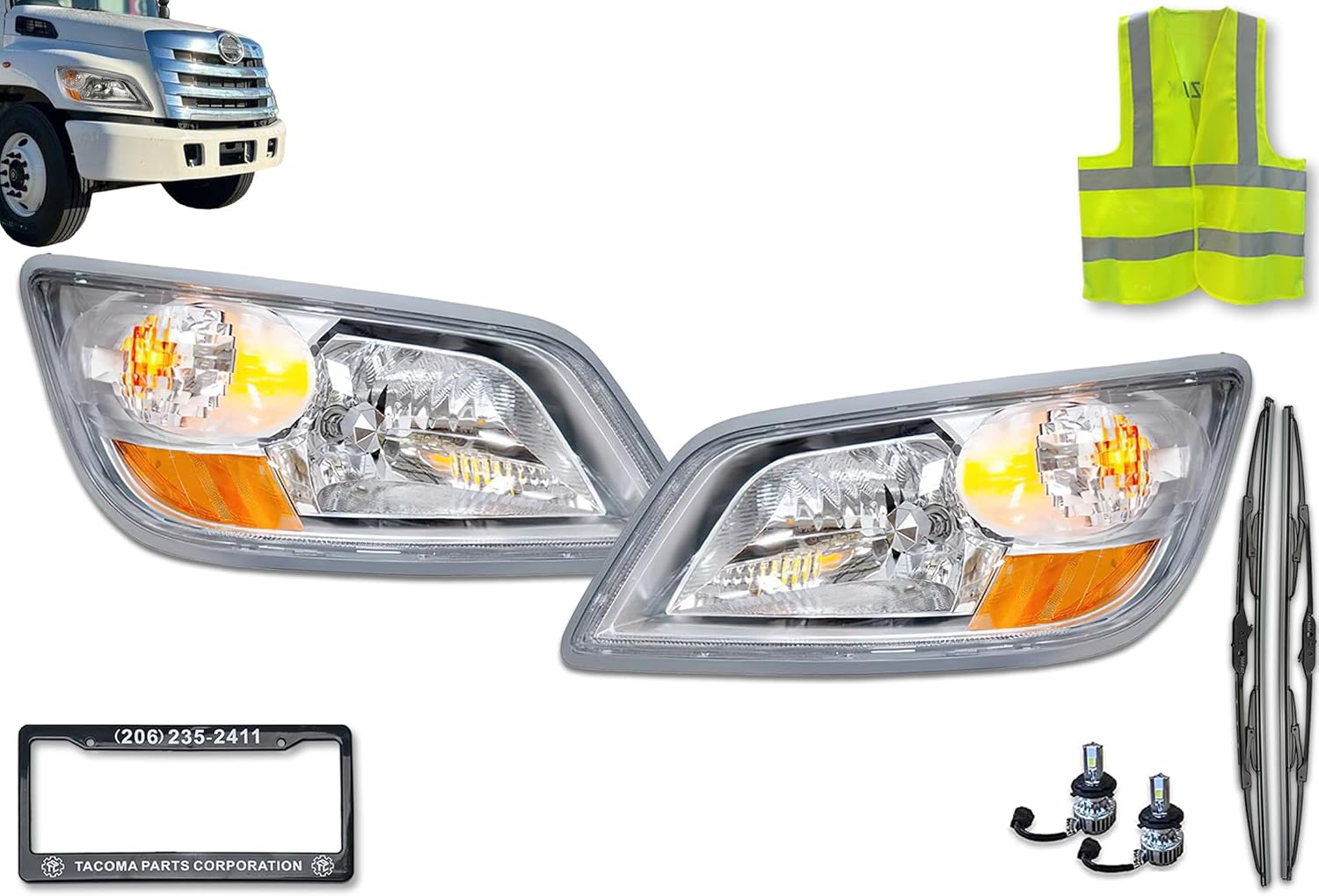 KOZAK Hino Replacement Chrome Housing Headlight Assembly (fits Hino 145 165 185 238 258 268 338) Passenger Right and Driver Left Side PLUS 2x LED 4H Bulbs, Logo, Wipers, License Plate Frame and Vest