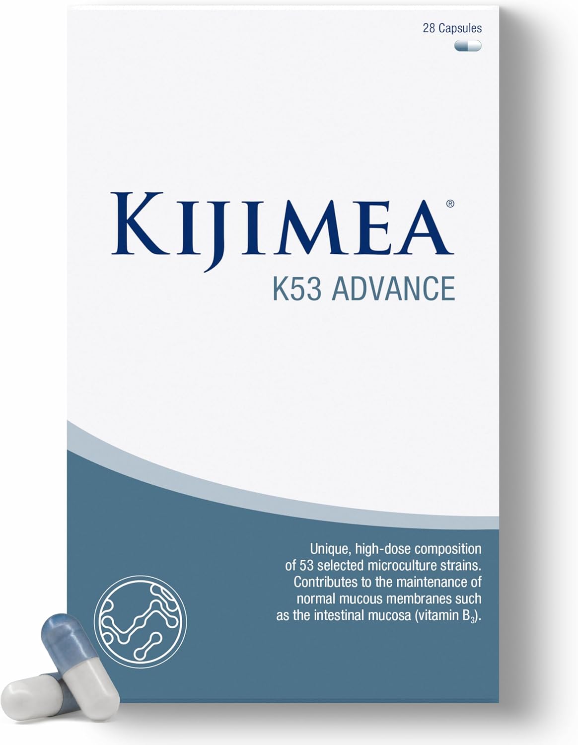 Kijimea&reg; K53 Advance &ndash; سلالات زراعة دقيقة بجرعات عالية | 53 سلالة من البكتيريا المعوية | غنية بفيتامين B3 وB7 | 500 مليار وحدة تشكيل مستعمرة لكل عبوة | خالية من اللاكتوز والغلوتين | 28 كبسولة