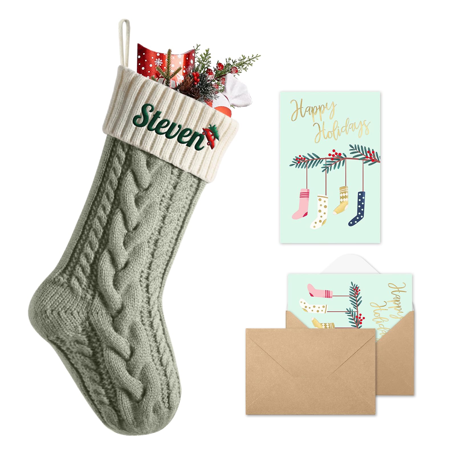bolukets Personalised Christmas Stockings with Christmas Cards, Custom Embroidered Name Monogram 18" Large Knit Christmas Stocking for Family Bean Green (Body) / Ivory (Mouth)