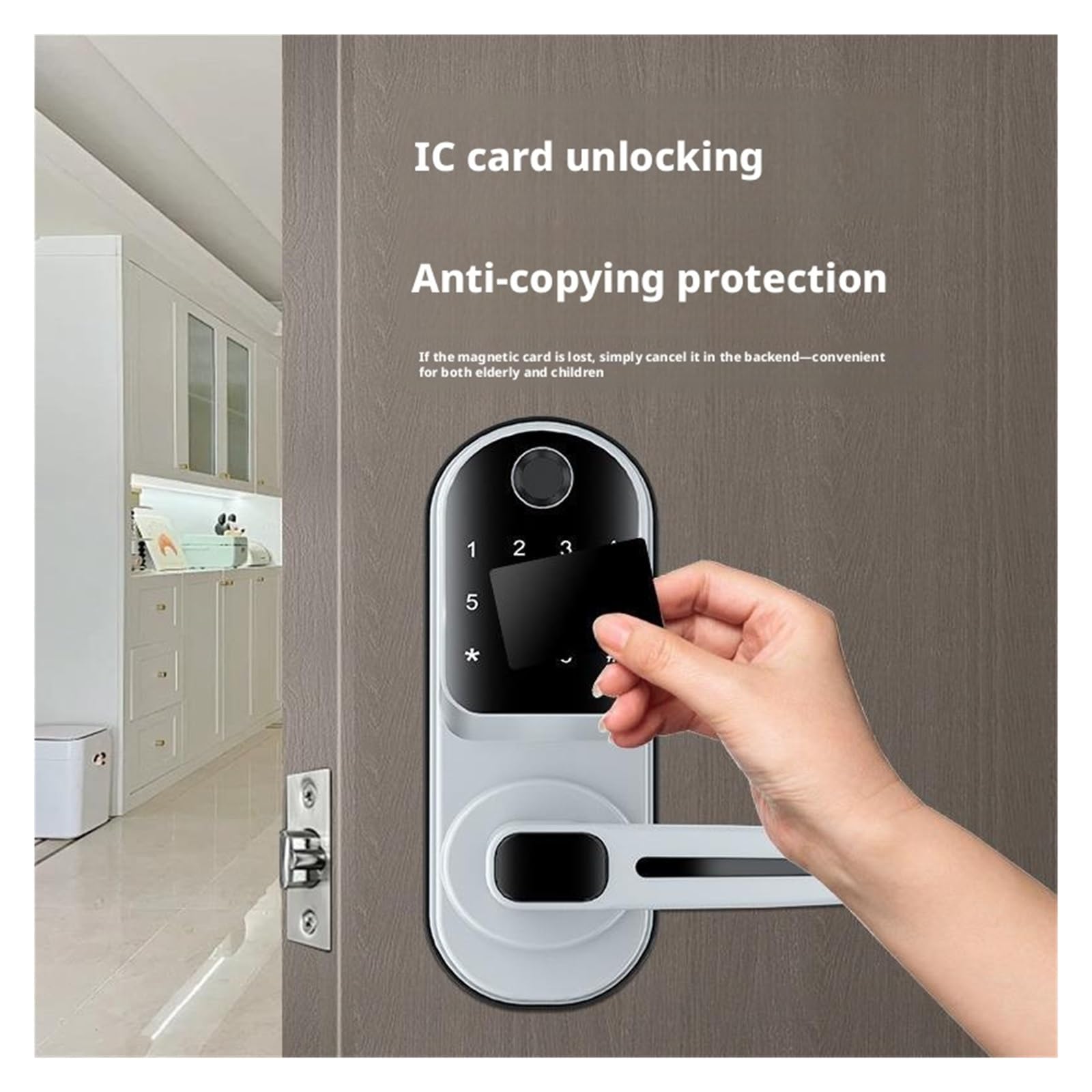 Inteligentny Zamek, Inteligentny zamek z pojedynczym zatrzaskiem i czytnikiem linii papilarnych Elektroniczny ze stopu aluminium do drzwi drewnianych(Silver)