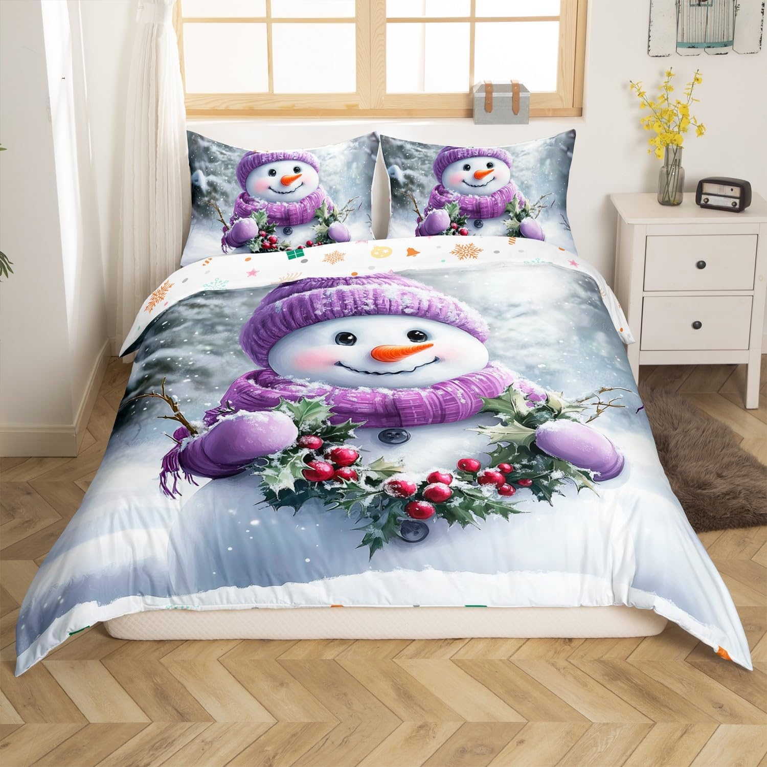 Kawaii Snowman Duvet Cover Set Toddler Size,Purple Hat Gloves Bedding Set for Kids Boys Girls Room Decor,Snow Scene Comforter Cover,Holly Leaves Quilt Cover with 1 Pillowcase(No Comforter)