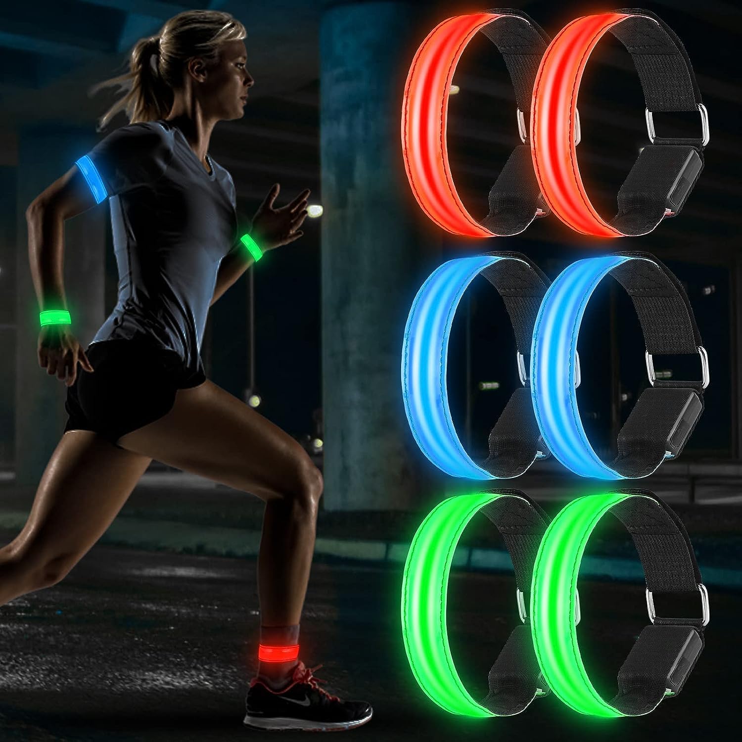 Aicharynic Braccialetto a LED, a batteria, 6 pezzi, a LED, riflettente, per jogging, corsa, sport