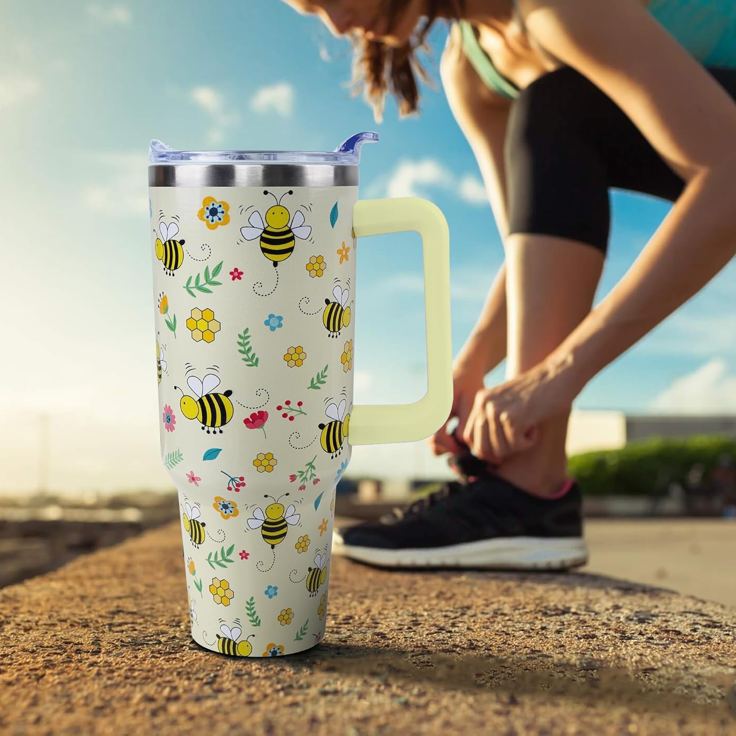 40 oz Bee Tumbler with Handle and Straw, Travel Mug Water Bottle, Stainless Steel Insulated Cup with Lid and Straw, Birthday Christmas Gifts - Image 6