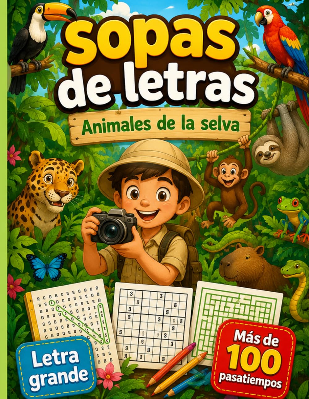 Sopa de Letras de Animales de la Selva para Niños y Adultos a todo COLOR: 20 Animales, Sopas de Letras, Laberintos y Sudokus | Libro de Pasatiempos ... | Regalo para los Amantes de los Animales
