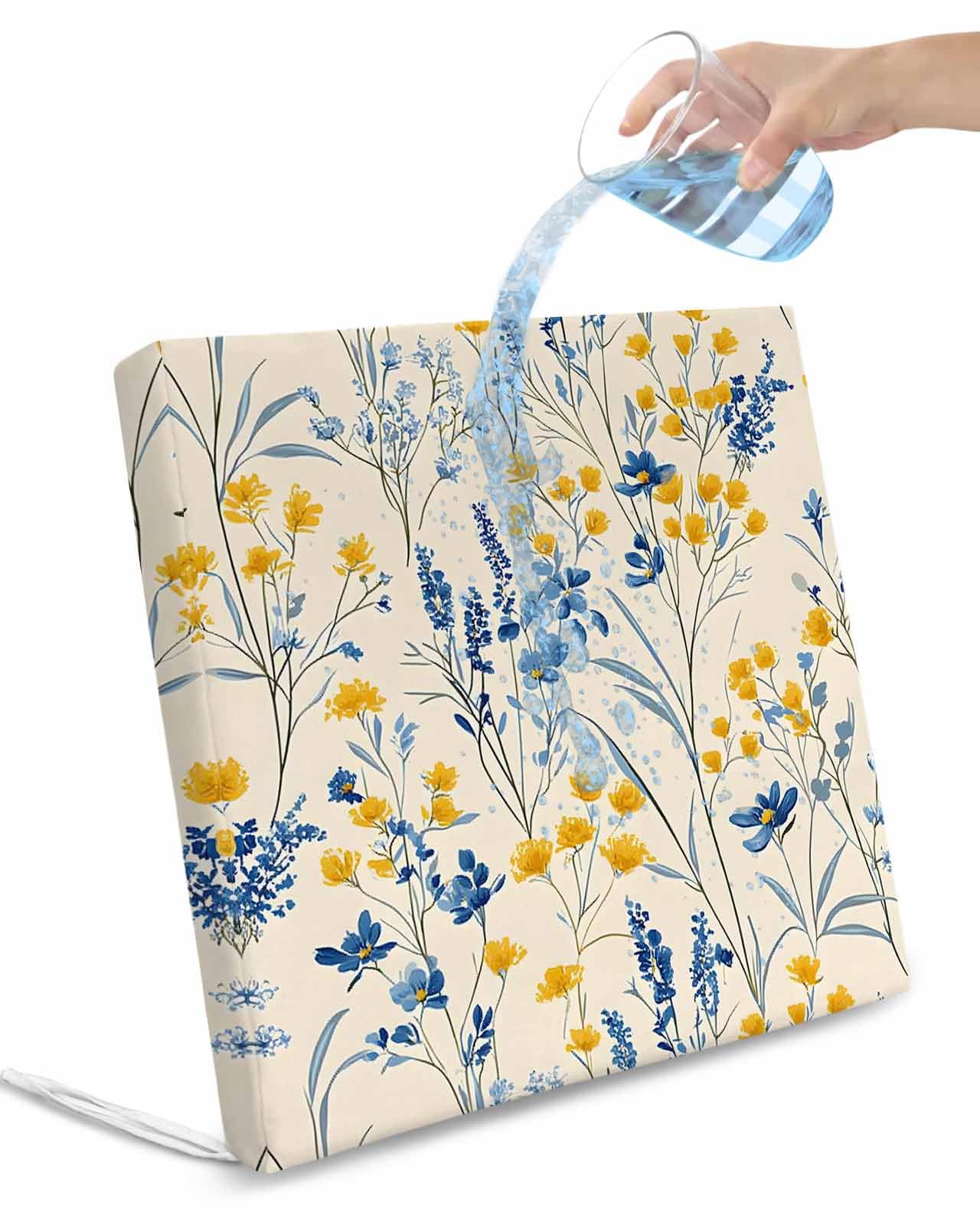 2 Pack Blue Yellow Flowers Waterproof Cushion Covers with Ties, Outdoor Patio Chaise Lounge Chair Seat Cushion Slip Covers Replacement(Only Cover) Botanical Blossom Motif 22