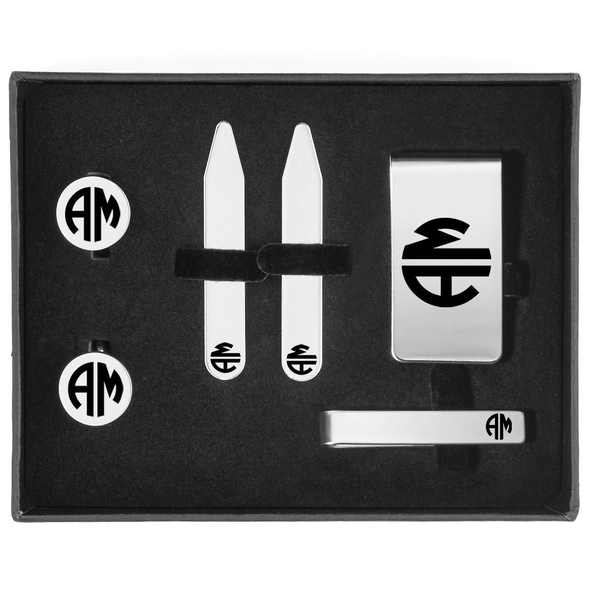 Engraved Money Clip, Tie Bar Clip, Round Cuff Links, & Collar Stays Set Monogram Custom Personalized