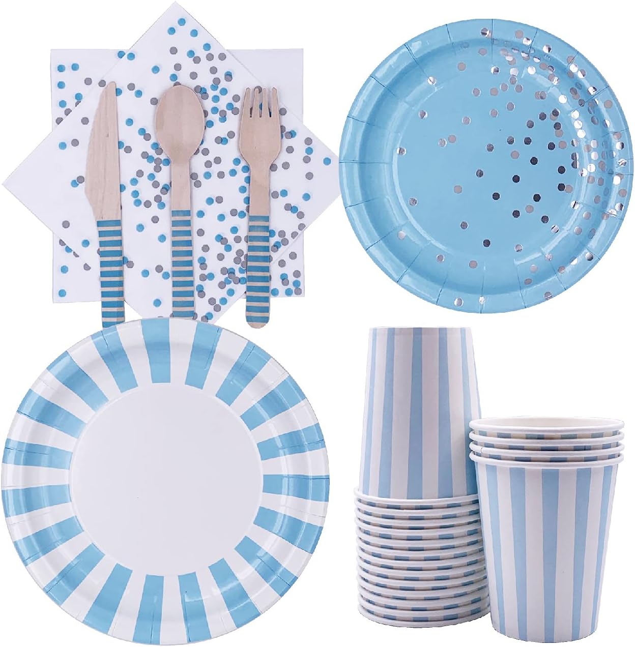 Blue Striped Birthday Party Supplies, Baby Shower Dinnerware Set, Paper Plates, Napkins, Cups and Wooden Cutlery (Serves 24, 192 Pieces), MP03