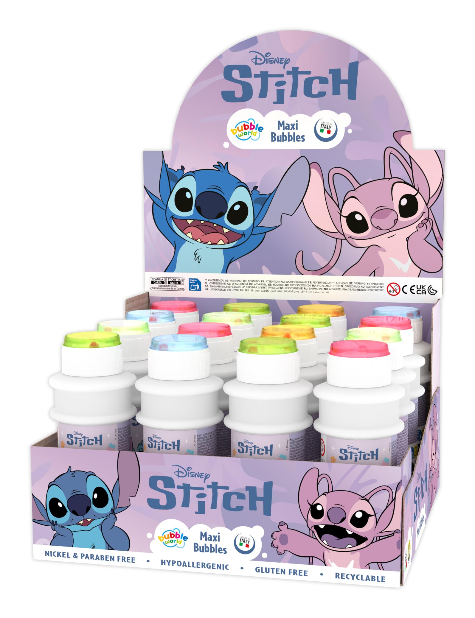 Bubble World Stitch + Angel Bolle di Sapone Grandi Maxi 175ml 16 Pezzi Regalini Fine Festa Compleanno Bambini Gadget Invitati. Liquido con Gioco Labirinto sul Tappo. Gadget compleanno Made in Italy