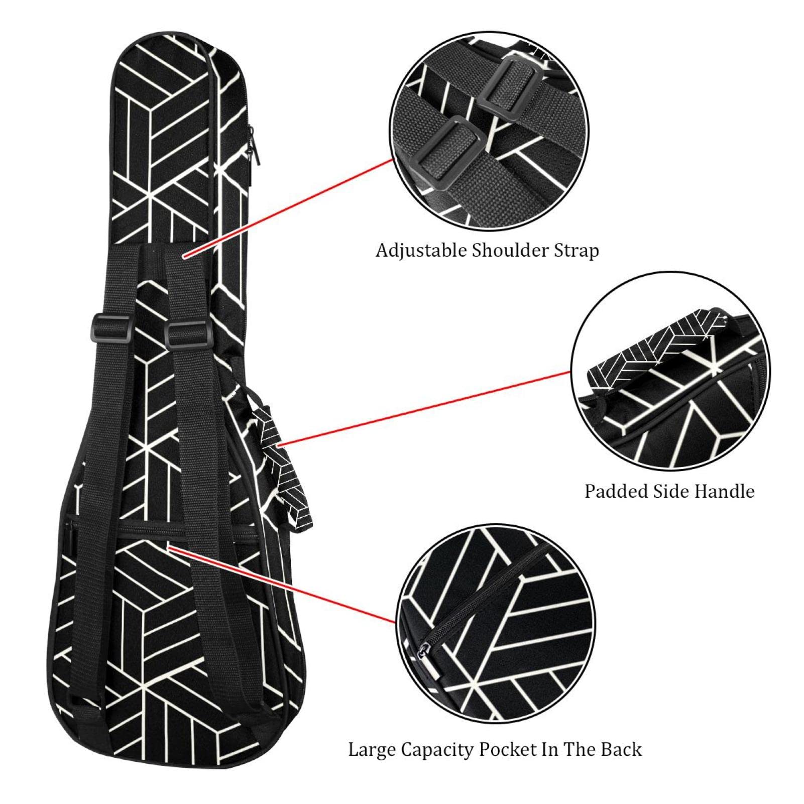 Sac à dos robuste pour ukulélé de concert - Sac de rangement pour ukulélé soprano - Sac rembourré de 10 mm - Motif géométrique noir d'inspiration japonaise