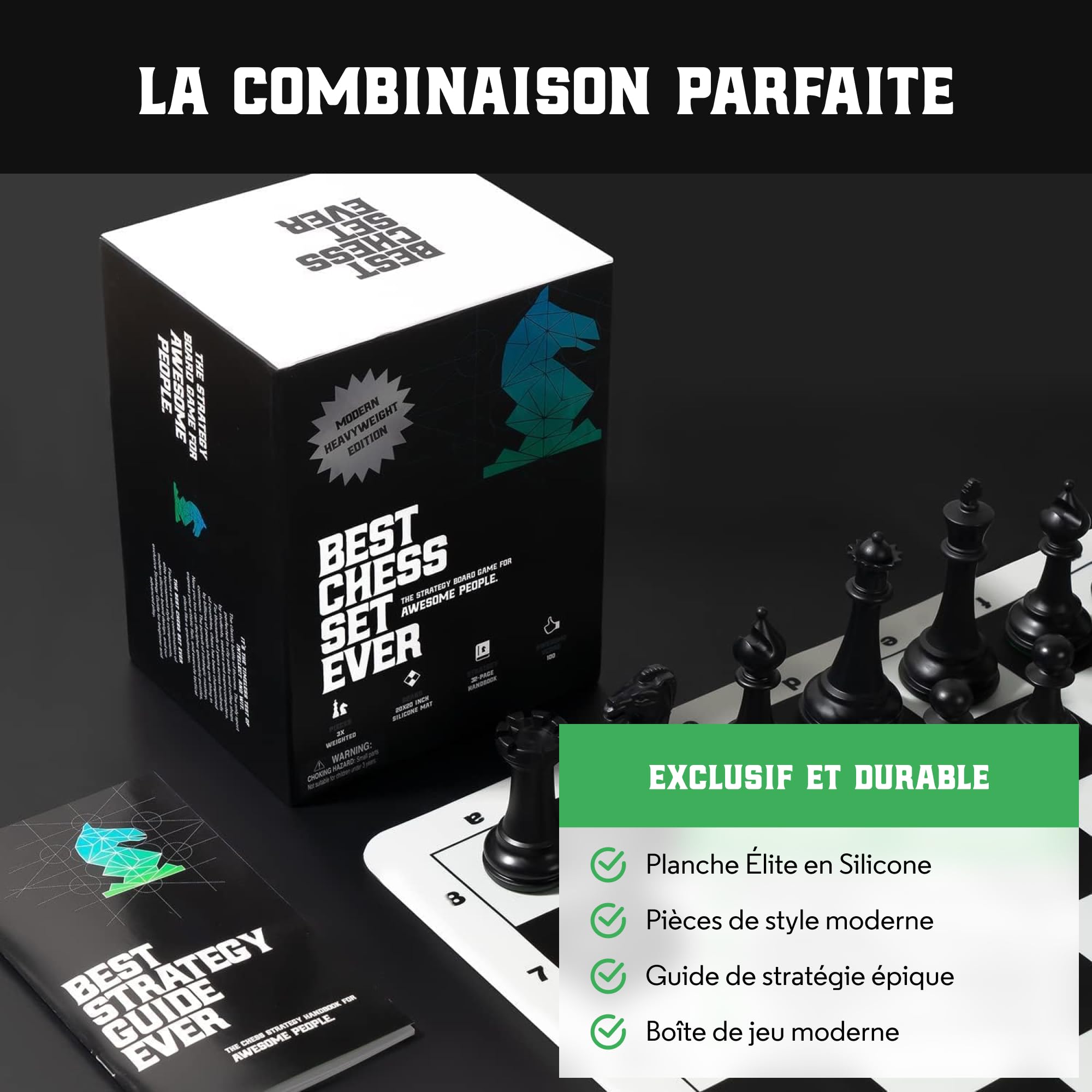 Best Chess Set Ever 3X: Jeu d'Échecs Professionnel, Échiquier Silicone Pliable et Réversible 50x50 cm, Pièces Staunton Modernes à Poids Triple (Roi 10,3 cm), Échecs Tournoi pour Adultes et Enfants
